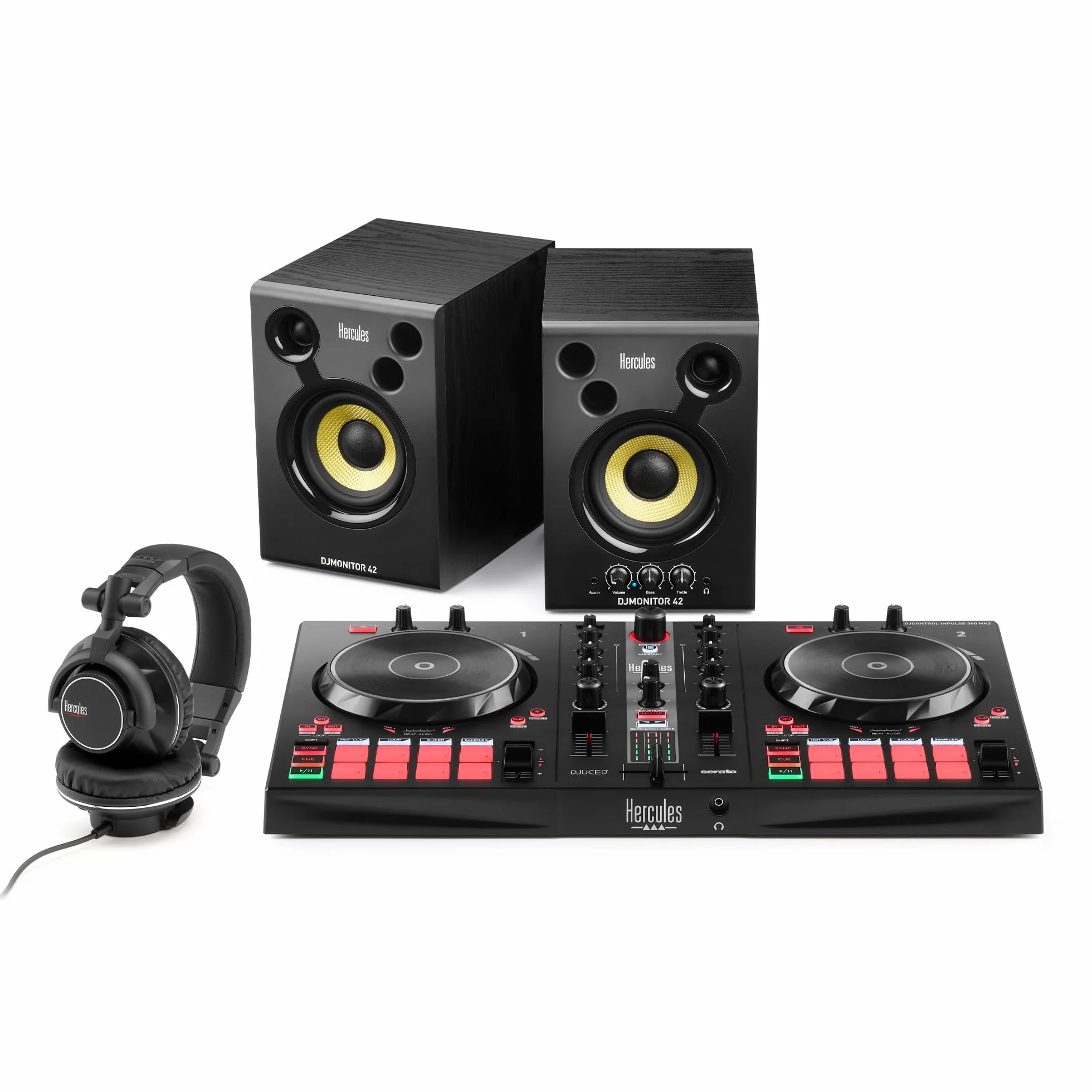 Hercules DJ Essentials Kit - Pack Completo para DJ (Incluye Controladora Inpulse 200, Monitores DJMonitor 32, Auriculares HDP DJ45 y Software con Tutoriales) Negro