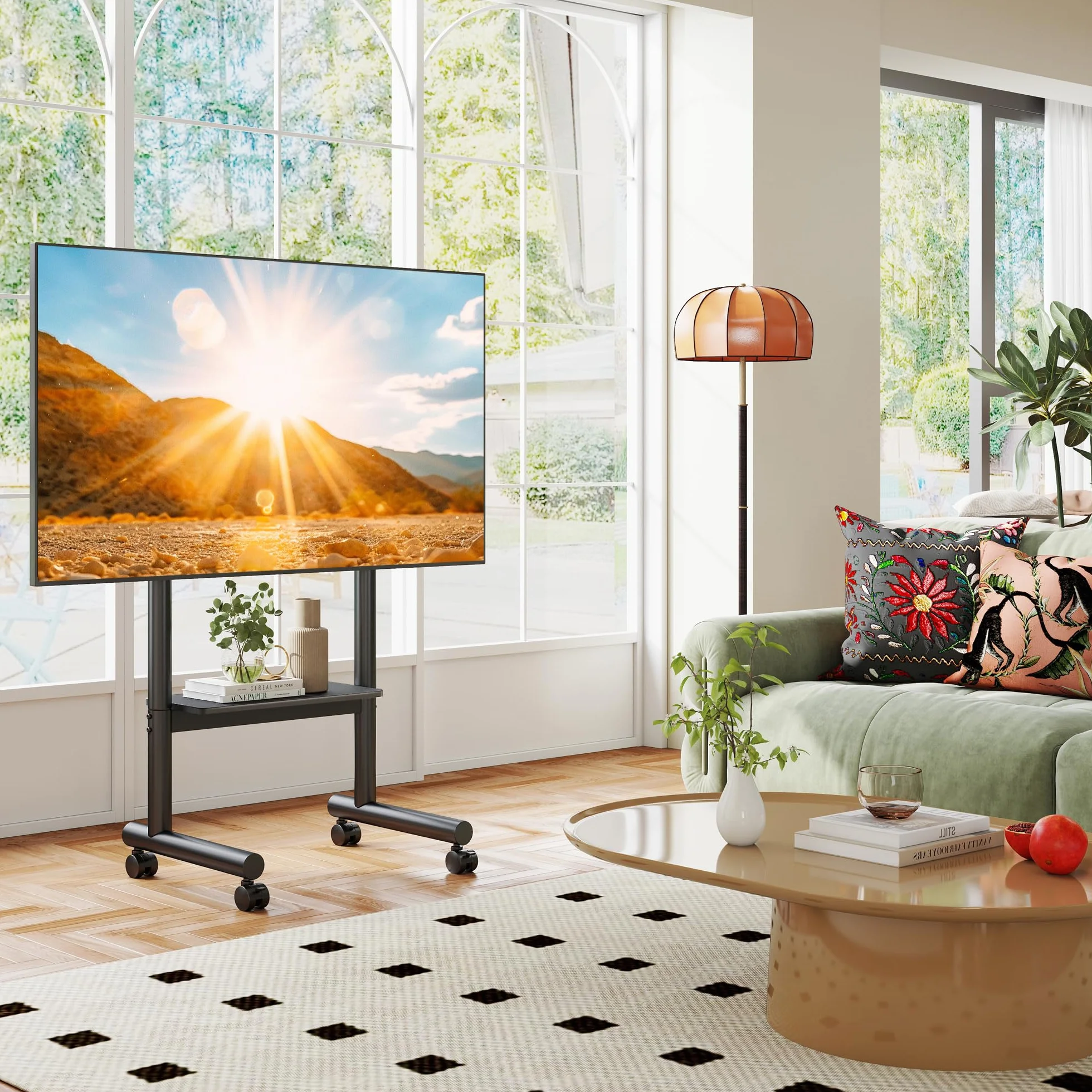 Soporte TV Móvil 5Rcom - Base Ajustable en Altura con Ruedas para Pantallas Planas LCD/LED/OLED de 32-70 Pulgadas - Carrito TV hasta 50 kg con Estante