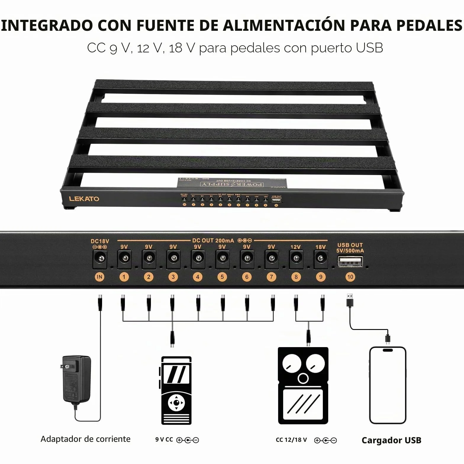 LEKATO Pedalera con Fuente de Alimentación Incorporada, Pedalera de Efecto Grande de 19,1*12,2*1,8 Pulgadas,Juego de Pedalera de Aleación de Aluminio con Bolsa de Transporte,Cables de Pedal,adhesivo