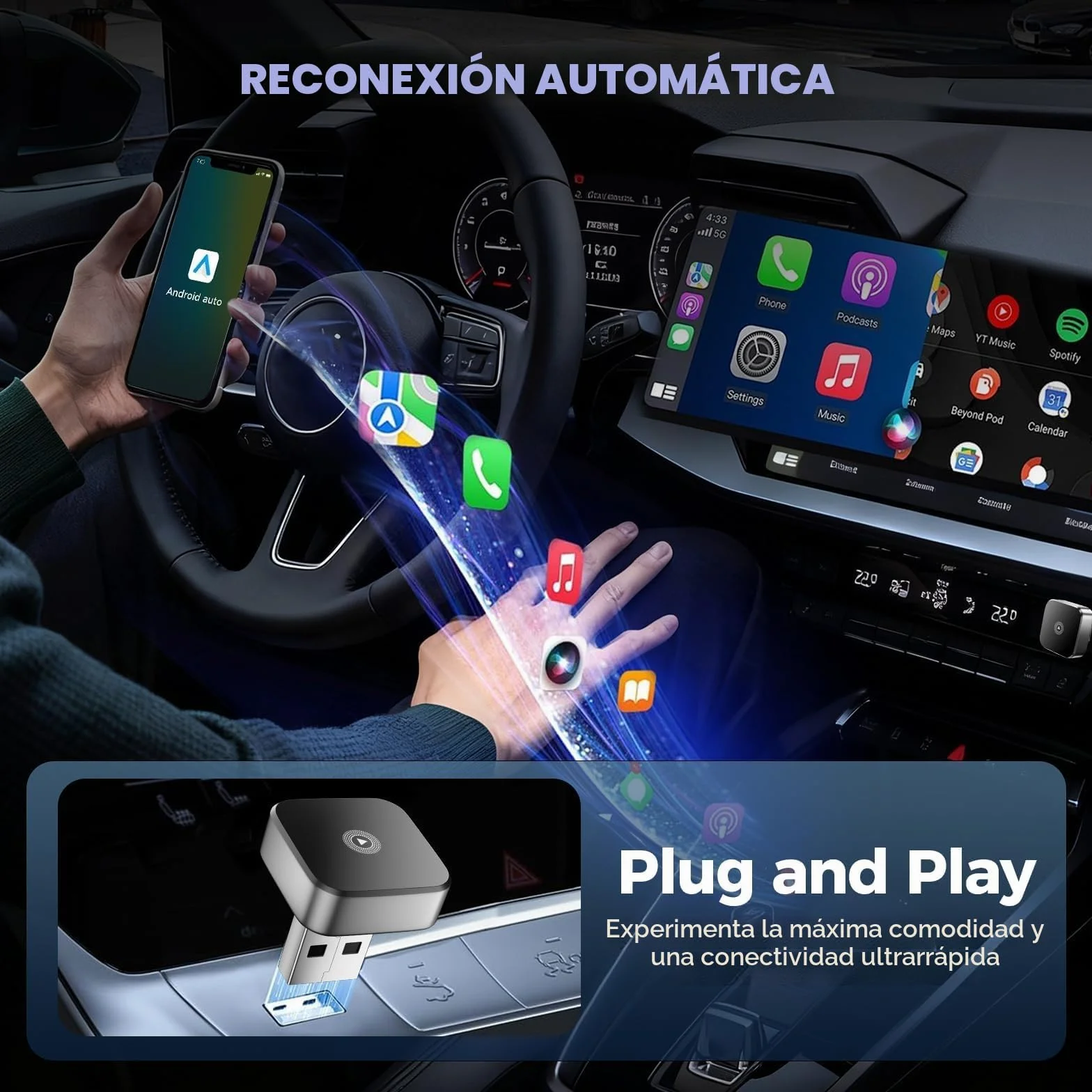 Adaptador Inalámbrico Carplay Android Auto 2 En 1 WiFi 2.4+5.0 GHz Bluetooth 5.0 USB C/A
