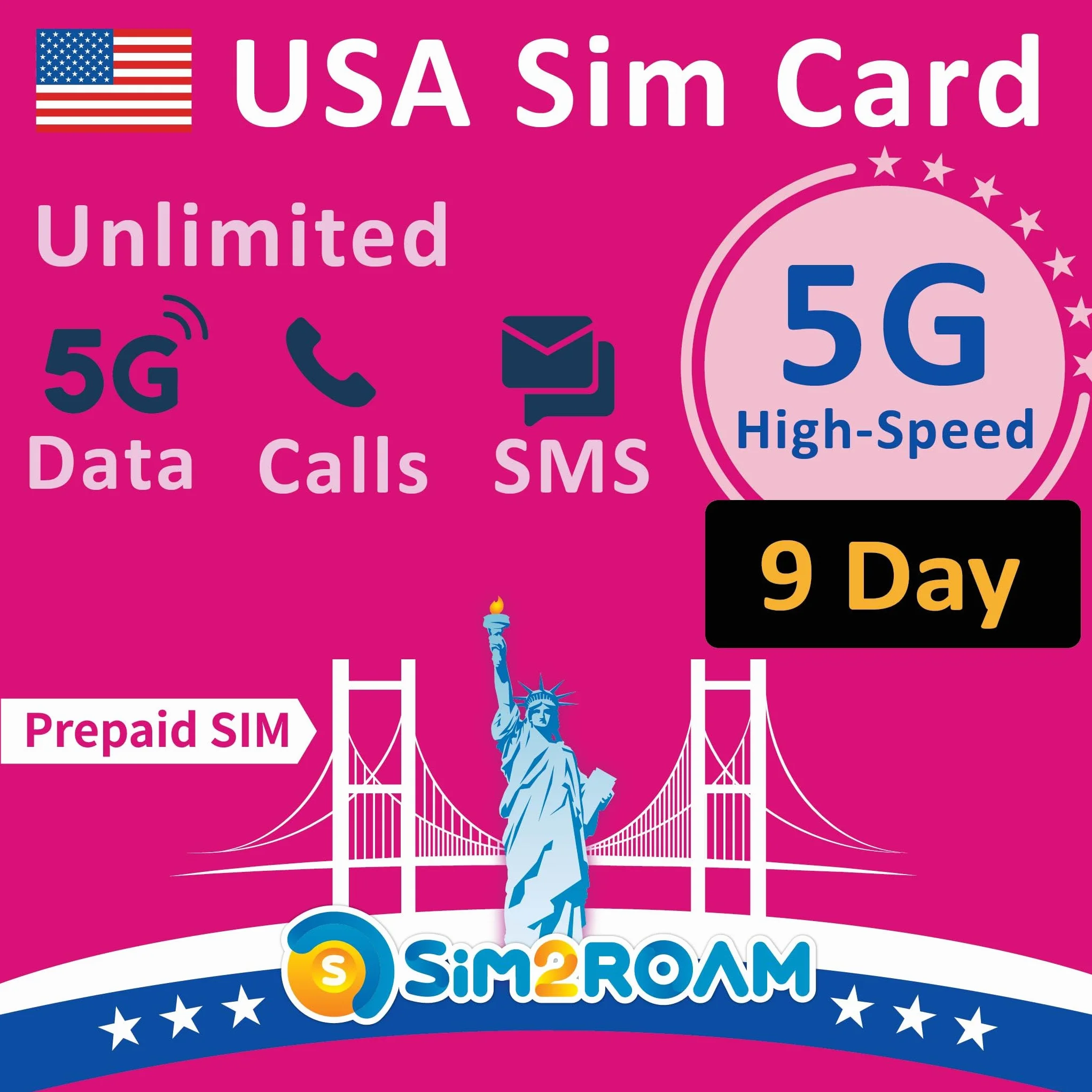 Tarjeta SIM prepago de EE. UU.| Datos ilimitados de Internet de alta velocidad 5G/4G LTE en EE. UU.(incluido Hawái) | Llamadas y mensajes de texto (SMS) ilimitados en Estados Unidos|Recargable(9 días)
