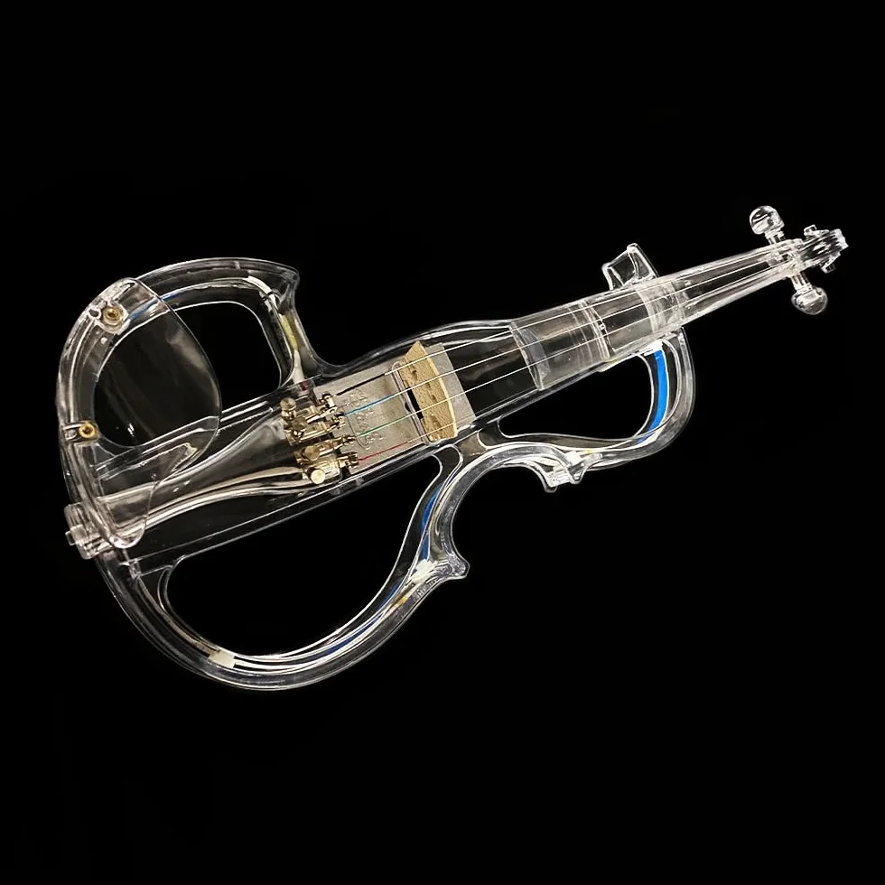 Violín eléctrico de tamaño 4/4, cuerpo de vidrio acrílico transparente, 3 colores, luz LED, bonito tono con funda, lazo, elv-led