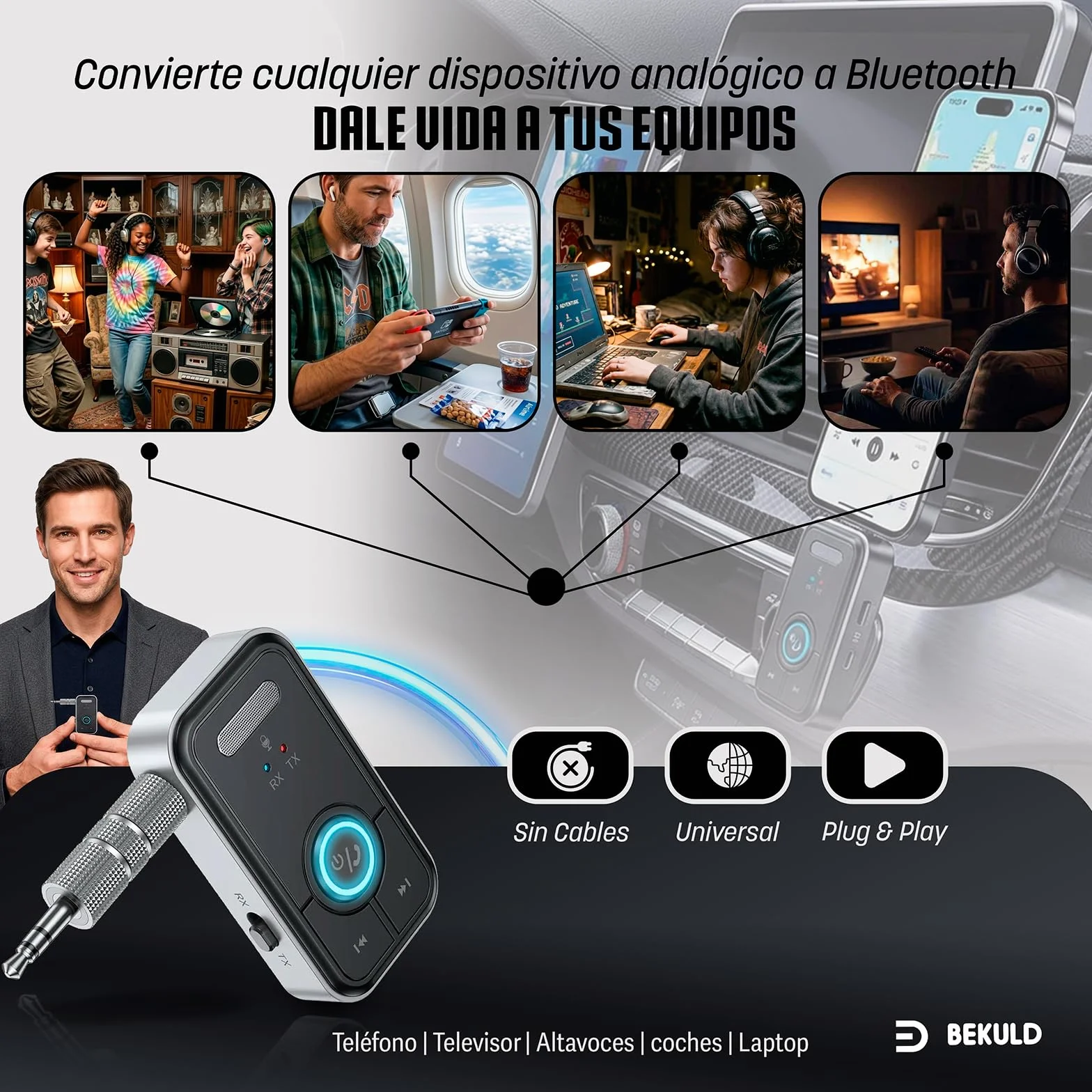 Super Pack Receptor Bluetooth y Transmisor Bluetooth 5.3 Jack 3.5 + RCA | Adaptador Bluetooth Coche AUX y TV | Manos Libres Coche Bluetooth HD, Baja latencia, batería 12h