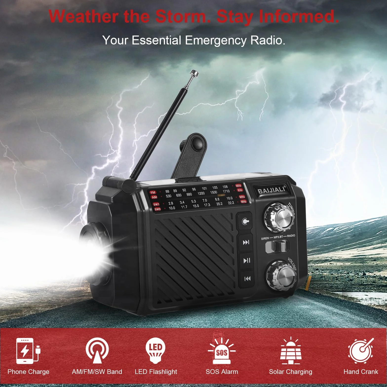 Radio de Emergencia con Manivela y Solar, Radio Portátil Pequeña Am/FM/SW, Linterna LED, SOS, Power Bank 2600mAh Recargable para Supervivencia y Camping - Negro