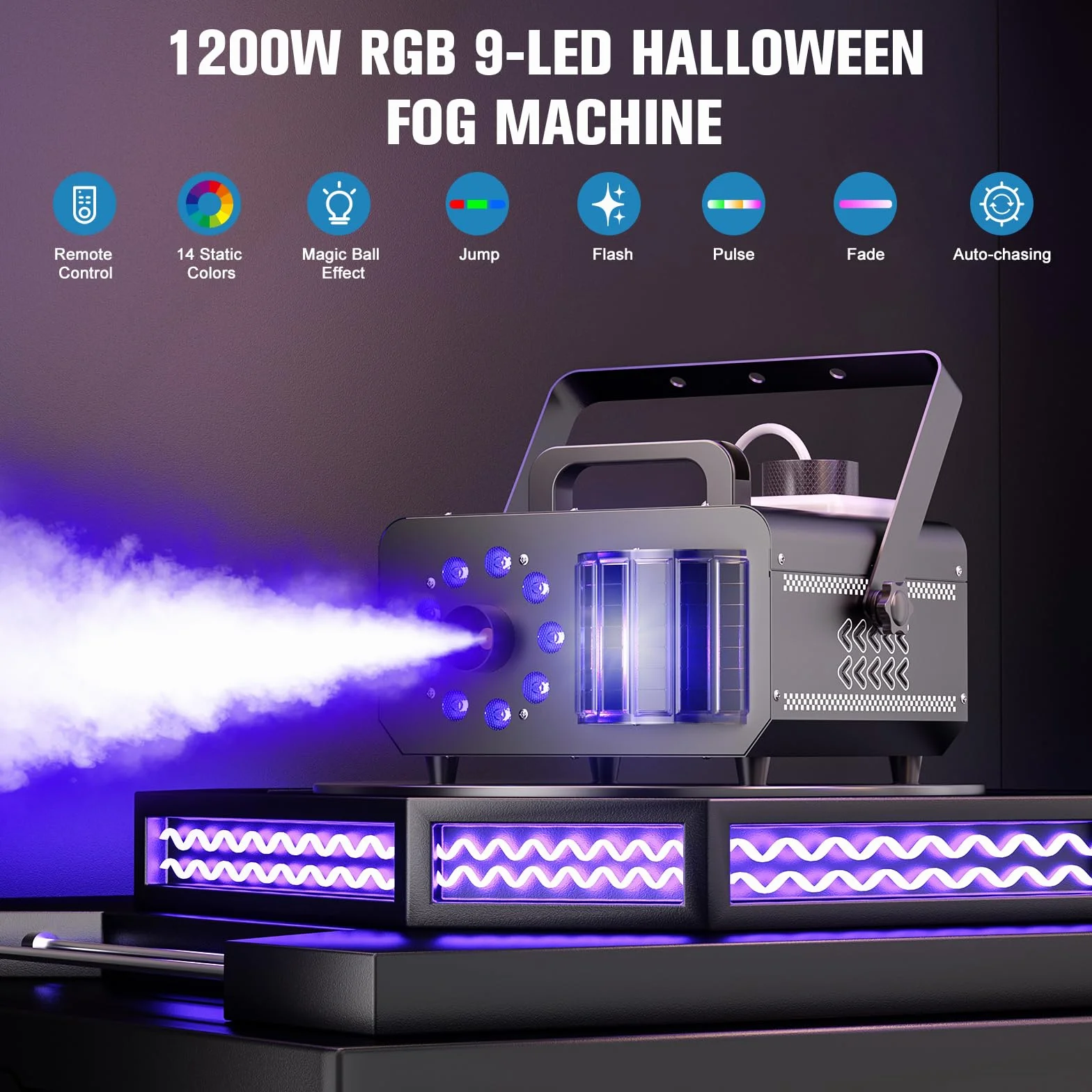 1200W Máquina de Humo con Control Remoto, Haz 9 LED RGB Luces de Fiesta 14 Colores Estáticos Capacidad de 1L Fog Machine Portátil Estroboscópico para Halloween Bodas Navidad Escénicos
