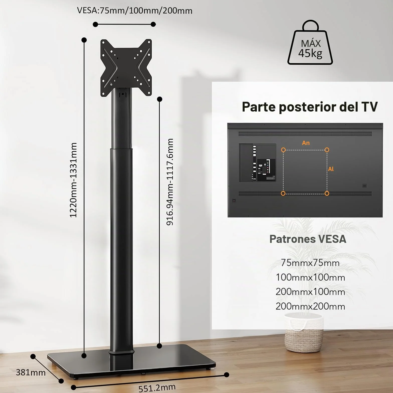 Hemudu Soporte TV Suelo para Televisores LCD, LED OLED de 19 a 43 Pulgadas, Altura Ajustable de 16 Niveles, Soporte Giratorio TV 100º, Inclinación 25º, Capacidad hasta 45 kg, MAX Vesa 200x200mm