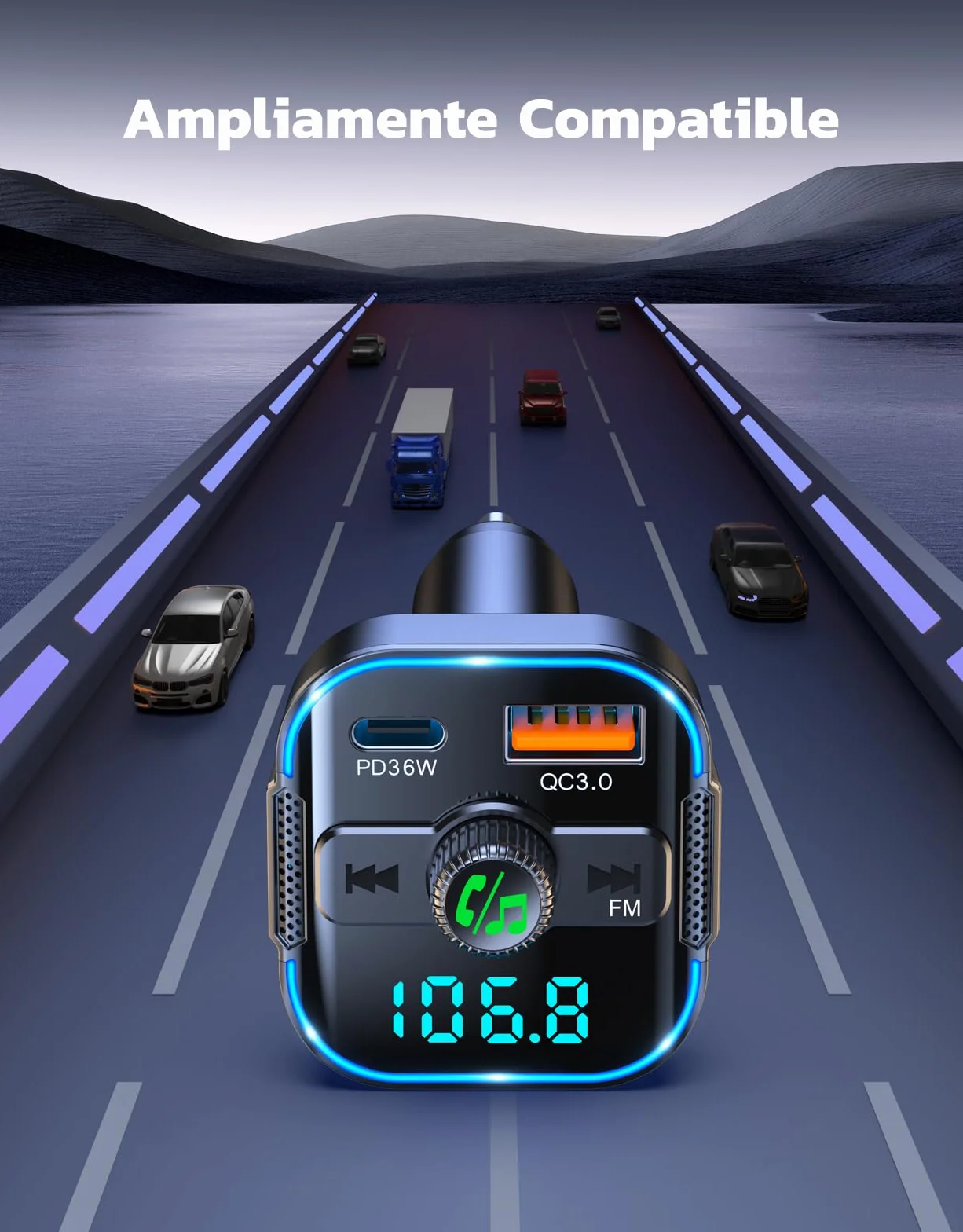 Glangeh 2026 Transmisor FM Bluetooth 5.3 Coche【PD 36W + QC 18W】, 2 en 1 【Micrófonos Duales】 Receptor Bluetooth y Cargador Rápido, Kit Manos Libres Coche Bluetooth, Asistente Siri/Musica
