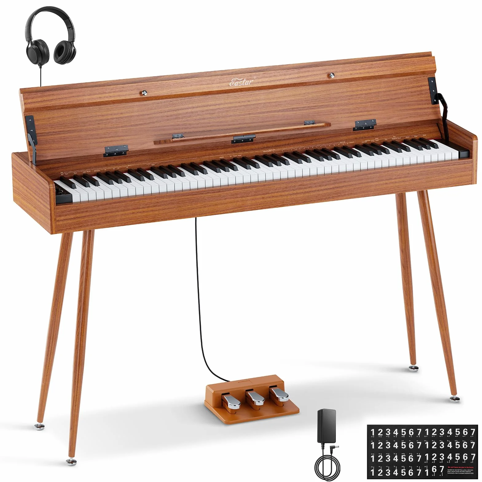 Eastar EUP-100 Piano de Teclado Contrapesado 88 Teclas, Piano Digital para Principiantes,con Funda, Auriculares, Pegatinas Musicales, Tres Pedales, Conexión Inalámbrica, Grabación, MIDI- Madera Retro