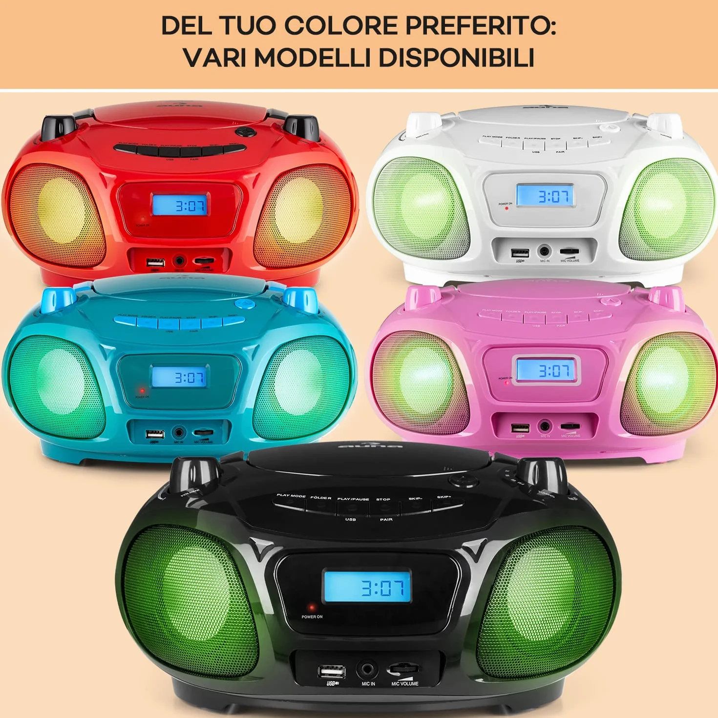 Auna Radio Portatil Pequeña con CD para Casa de 3W, Boombox FM+ Radio con Bluetooth + AUX Sonido Estéreo, Pantalla LED y Luces, con Asa, Transistores Radio Digital con USB, MP3, Carga Eléctrica
