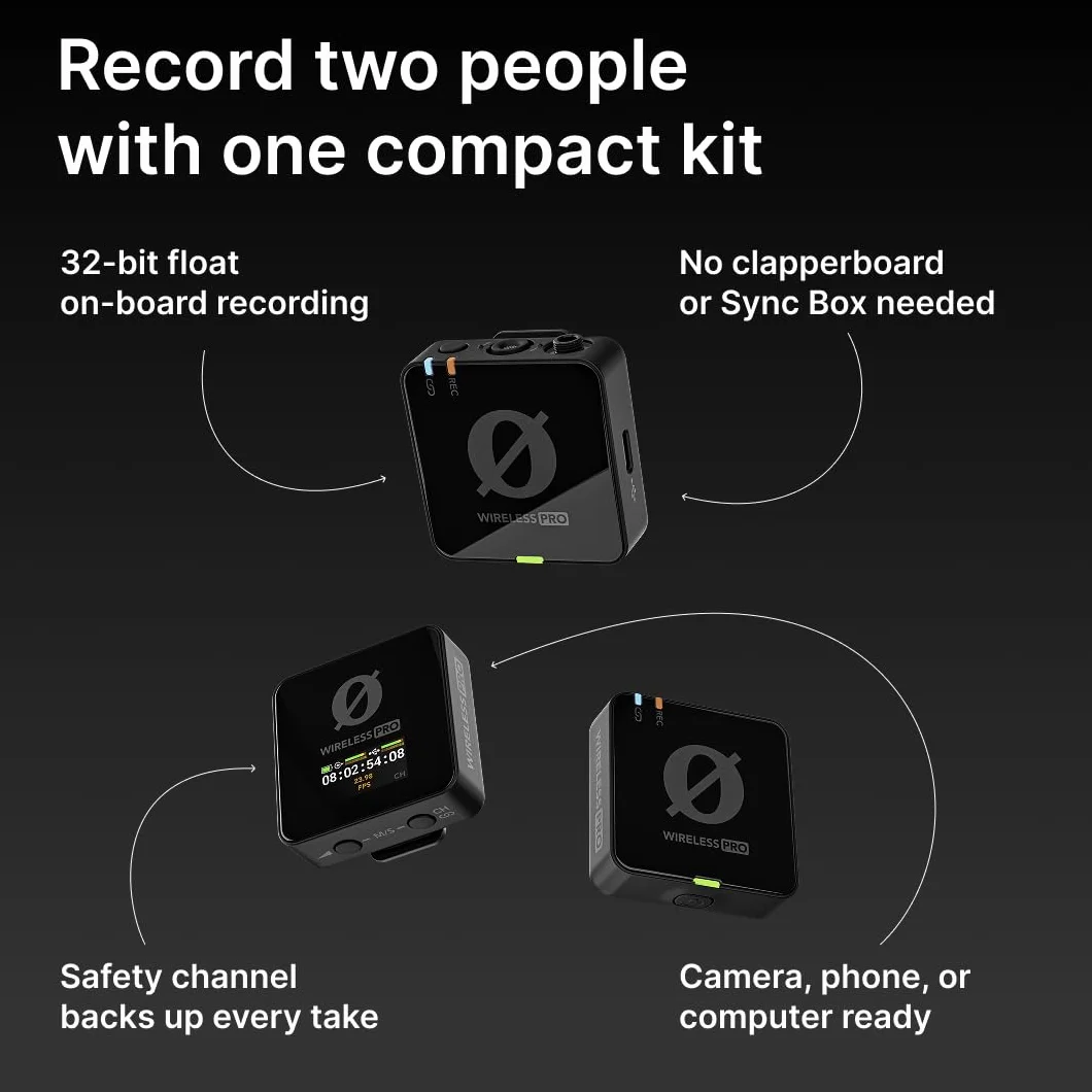 RØDE Wireless PRO Sistema de micrófono inalámbrico compacto con timecode, grabación interna 32 bits flotante, 2 micrófonos lavalier y estuche de carga inteligente para vídeo y contenido