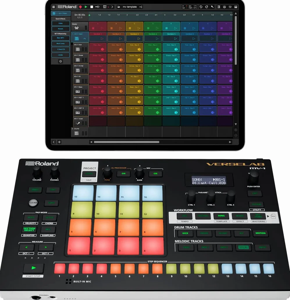 Roland VERSELAB MV-1, estudio de producción de canciones profesional con sonidos ZEN-Core para compositores y cantantes. Pads 4x4 y secuenciador por pasos TR-REC para baterías