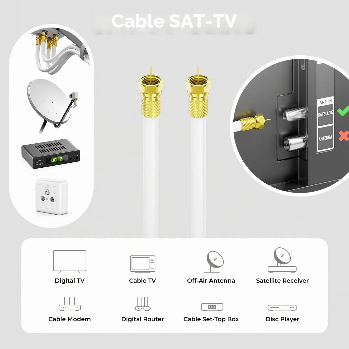 deleyCON Cable Coaxial SAT 130dB 4 Capas 30m DVB-S+S2 DVB-T DVB-C 4K HDTV 10 Conectores F Dorados