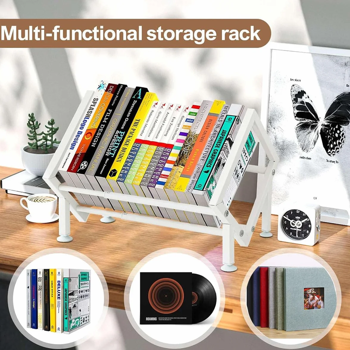 Soporte Vinilos Metal, Porta Discos Vinilo Extensible para 80-100 LPs, Organizador Vinyl Records Mesa, Estante Vinilos para CD, álbumes, Revistas, Libros (Blanco)