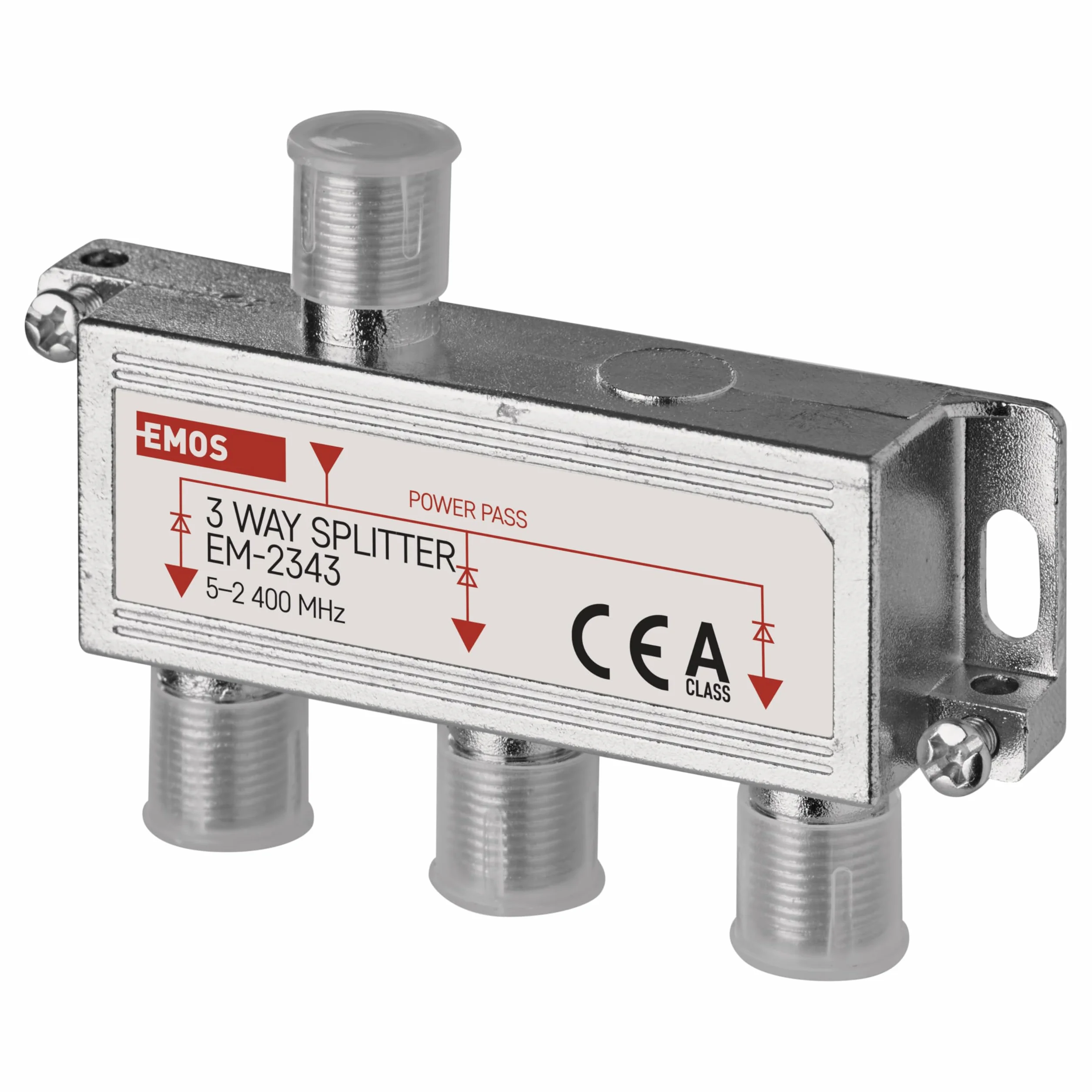 EMOS Distribuidor de antena de 3 vías, clase A, 3 vías, divisor SAT con conector F, totalmente blindado, 6 dB, frecuencia 5 – 2400 MHz, 1 entrada/3 salidas, antena SAT+TV, distribuidor de televisión