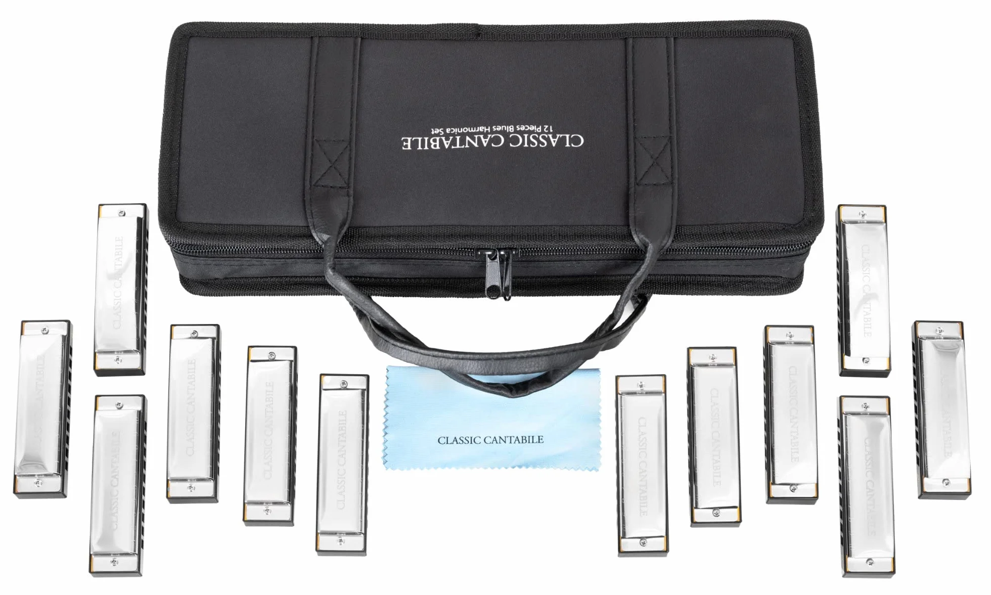 Classic Cantabile AHBS-12 Alabama Blues Harmonica Set De 12 Armónicas Diatónicas En Varias Tonalidades - 10 Lengüetas De Latón - Caja De Acero Inoxidable - Incluye Estuche Y Paño