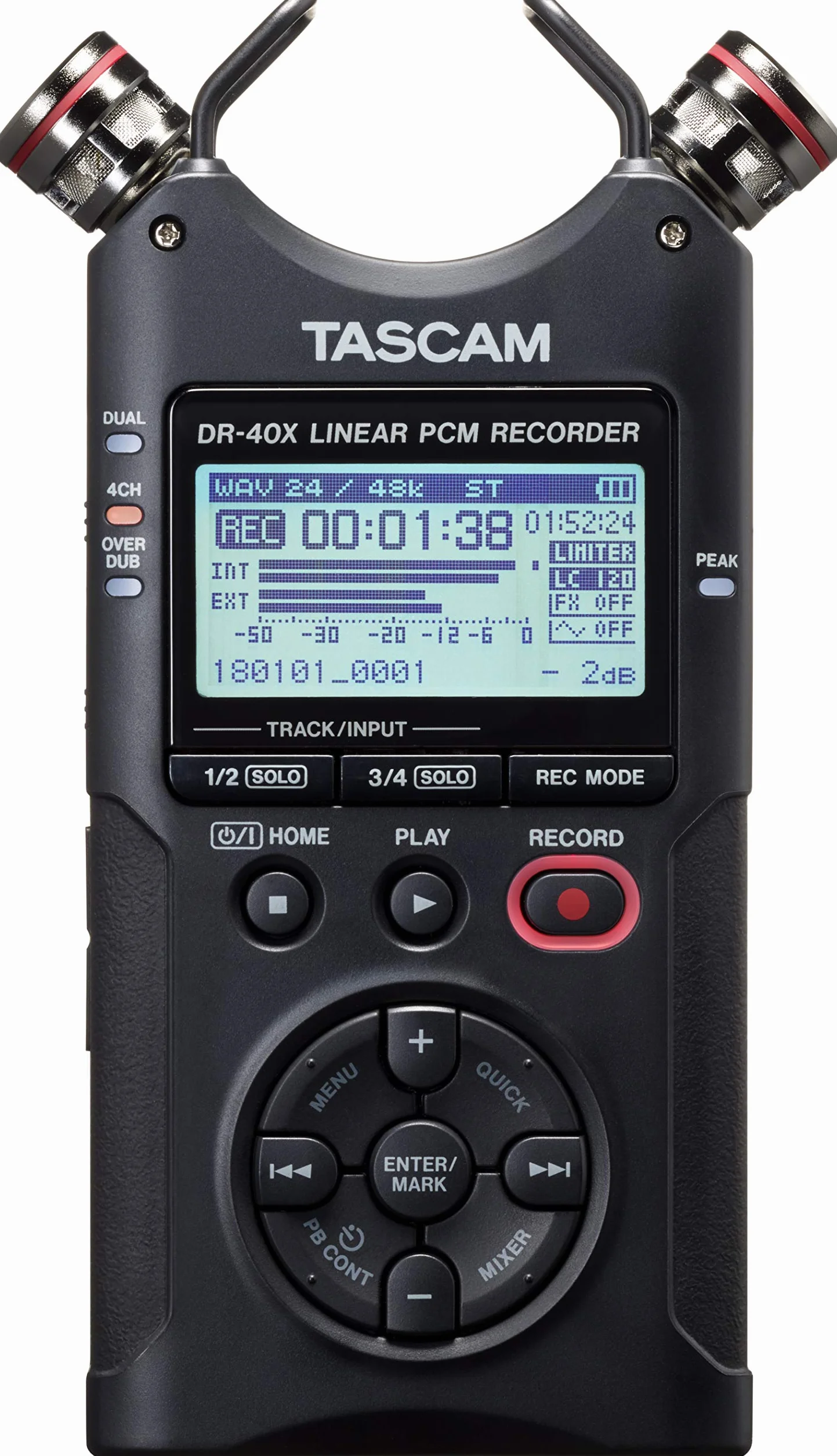 TASCAM DR-40X - Grabadora portátil de campo de 4 pistas, 2 entradas XLR/TRS, interfaz de audio USB, micrófonos ajustables dobles para grabación estéreo/multipista de música, audio para video y