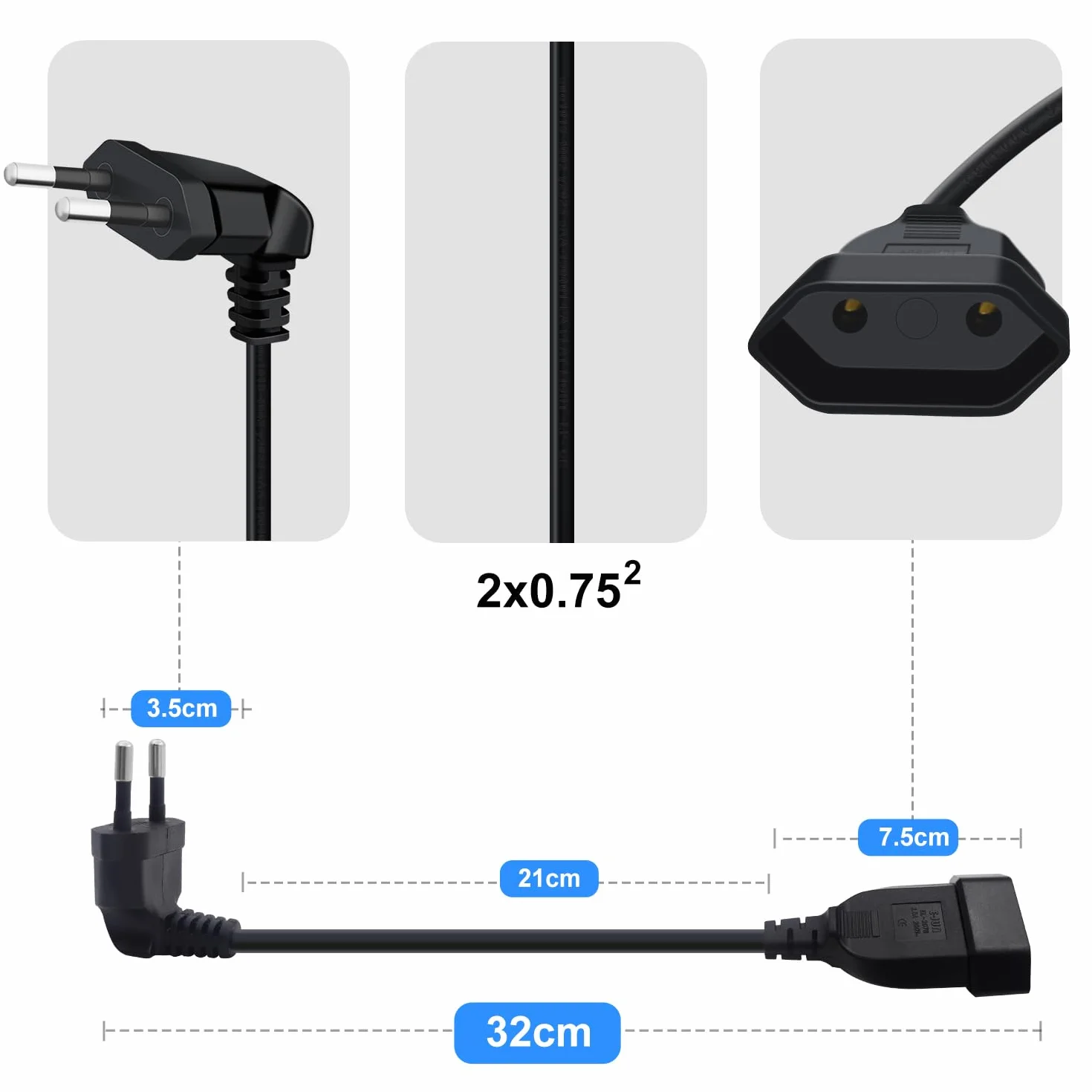 Cable Alargador Europeo 2,5A 250V Enchufe 90° Corto 0.3m