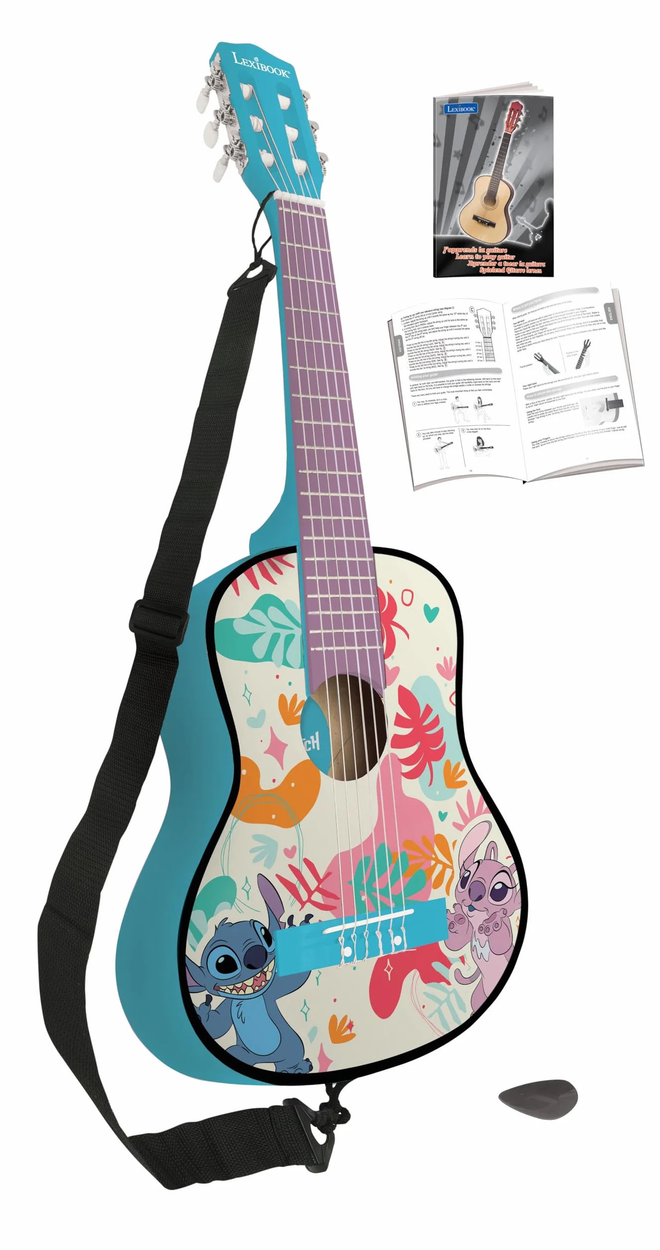 Lexibook, Disney Stitch, Mi Primera Guitarra acústica de Madera, 6 Cuerdas de Nylon, 78 cm (30"), Guía de Aprendizaje, púa y Correa Incluidas, Azul, K2000DLXB