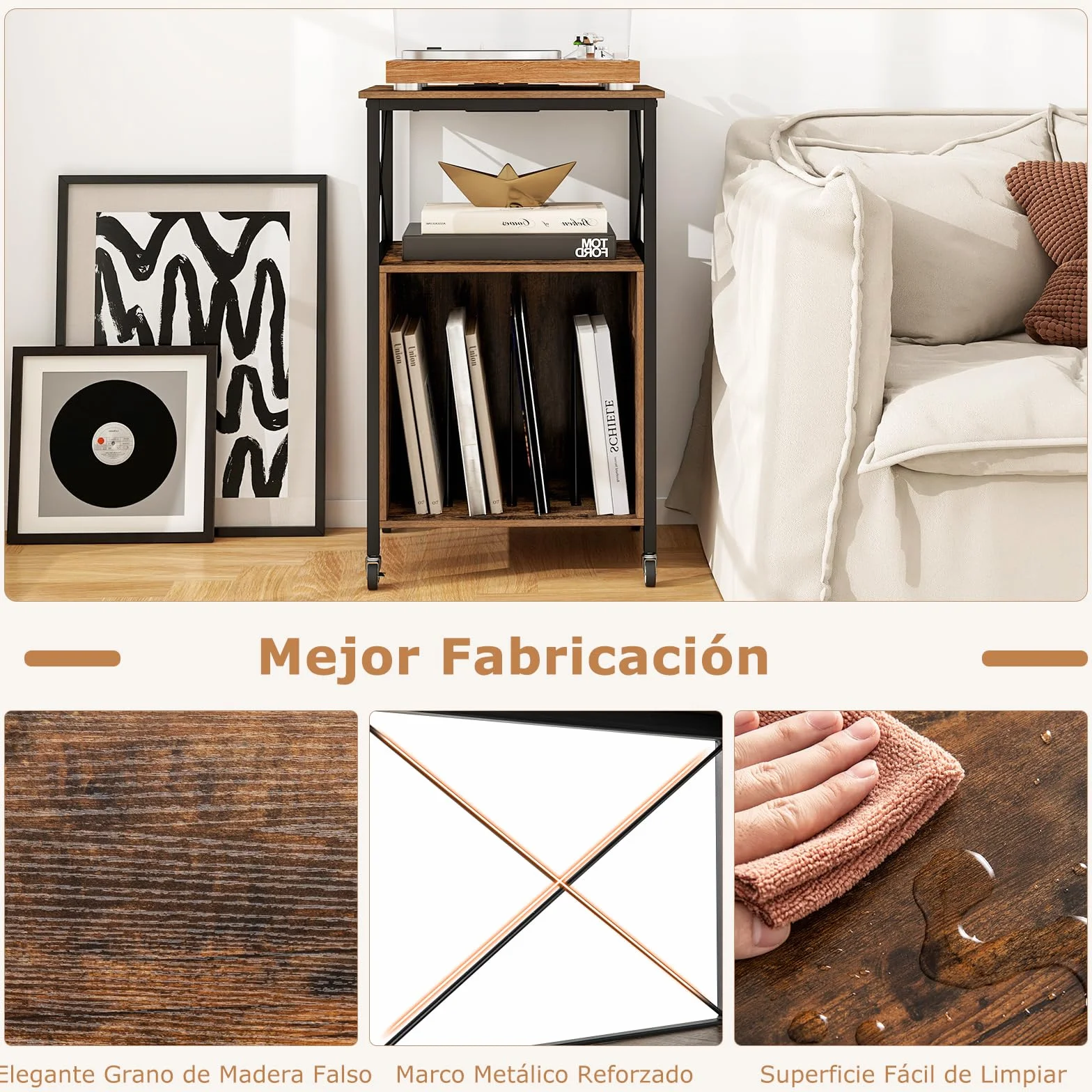 GOPLUS Soporte para Tocadiscos, Mesa para Discos con Estación de Carga Integrada, Mueble de Almacenamiento para Vinilos con Ruedas Bloqueables, Armario de Exhibición para Habitación, Sala de Estar