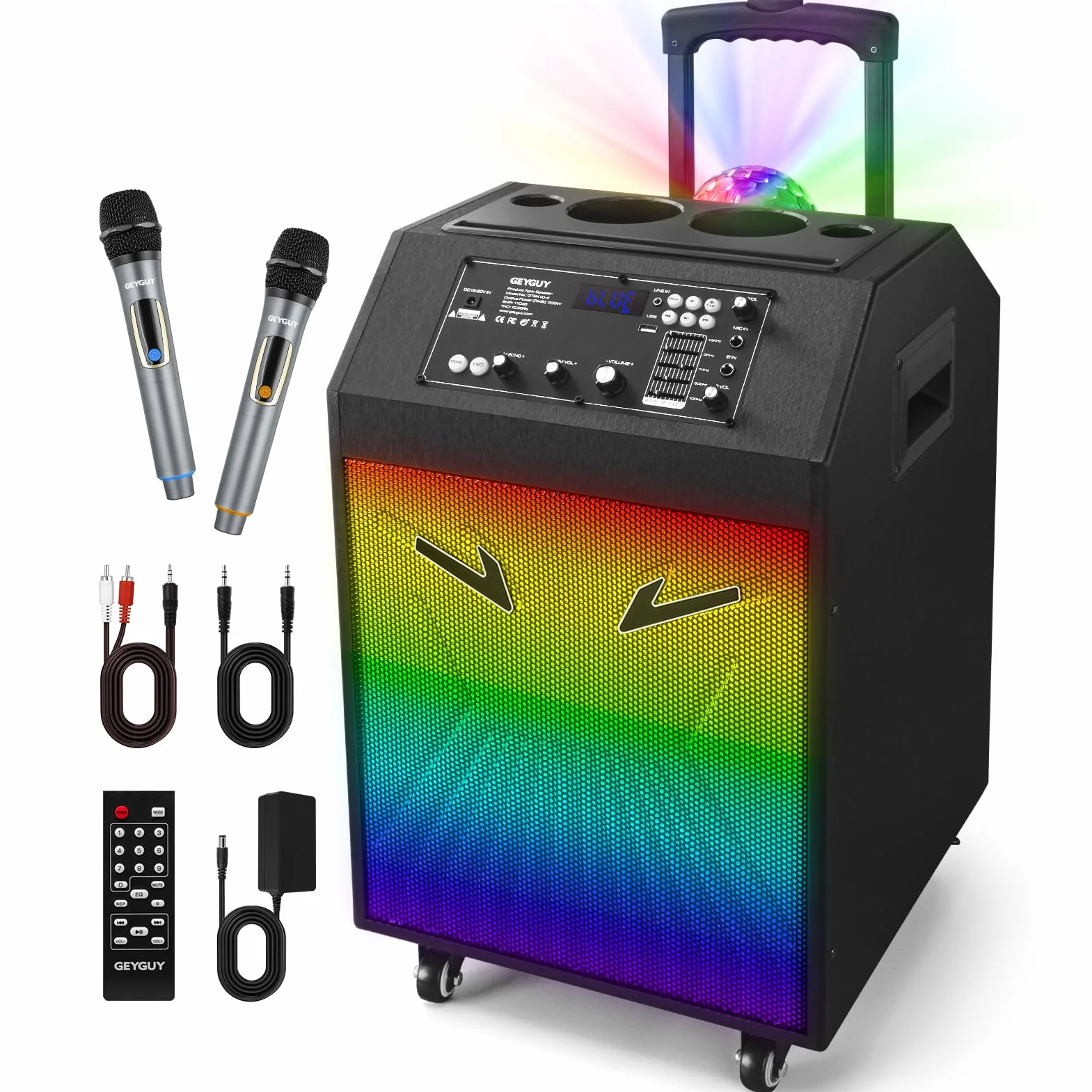 Máquina de Karaoke Portátil, Altavoz Karaoke con 2 Micrófonos, Altavoz Bluetooth, Soporte para Tableta, Luces de Discoteca, Control Remoto, diseño Exclusivo, Ruedas GTSK10-4