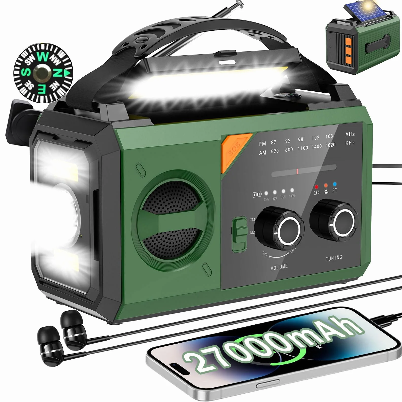 27000mAh Bluetooth Radio Solar de Emergencia con Manivela, Am/FM de Radio 3 Métodos de Carga 8 en 1 Radio Portátil de Emergencia, SOS, Linterna, Brújula, Lámpara de Lectura, Toma de Auriculares
