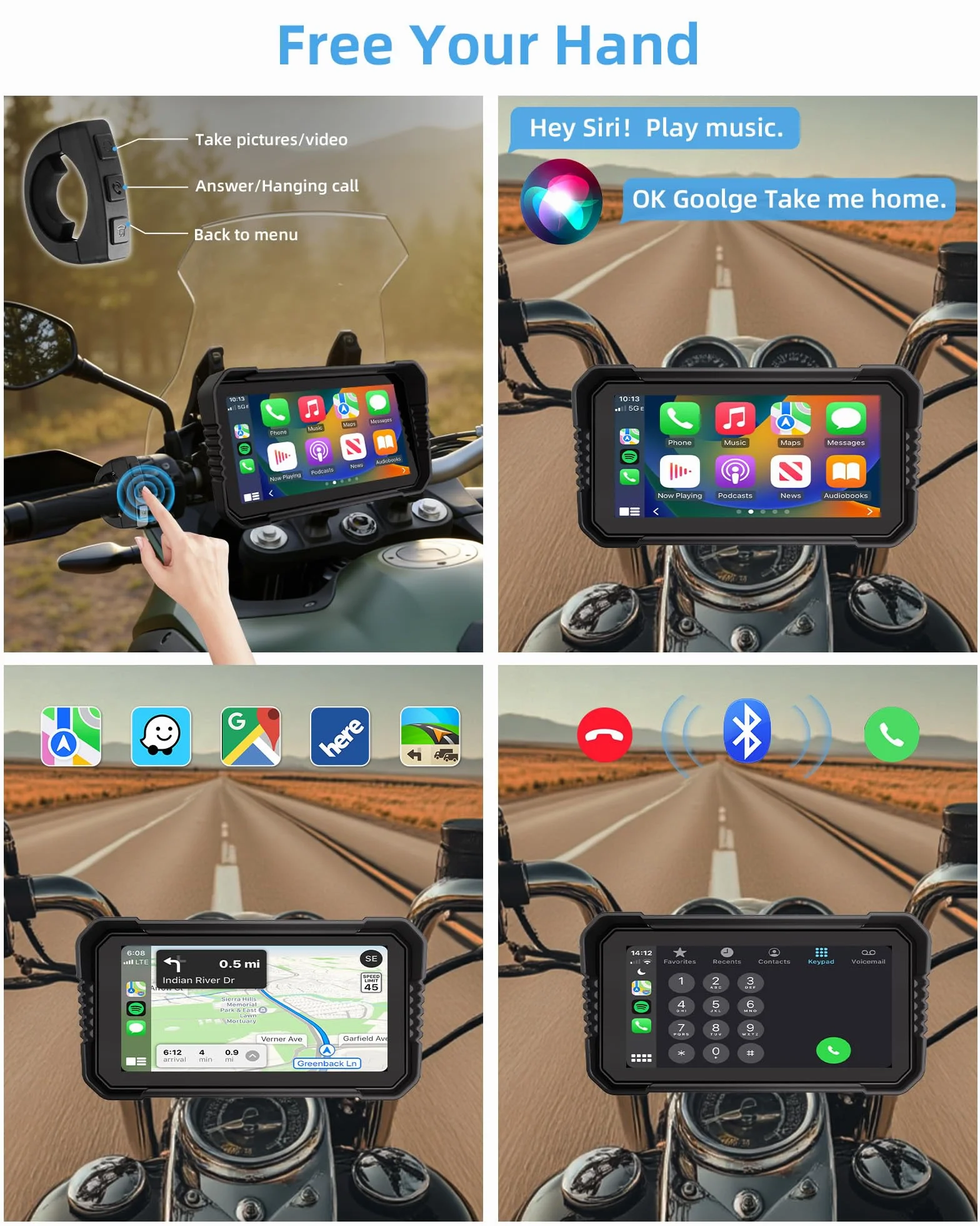 4K Carplay Moto Android Auto GPS Moto Navegador con dashcam Delantera Trasera, 6,25 Pulgadas Pantalla Moto TáCtil IP67 Impermeable Doble Bluetooth Siri/Goo.gle Assistant