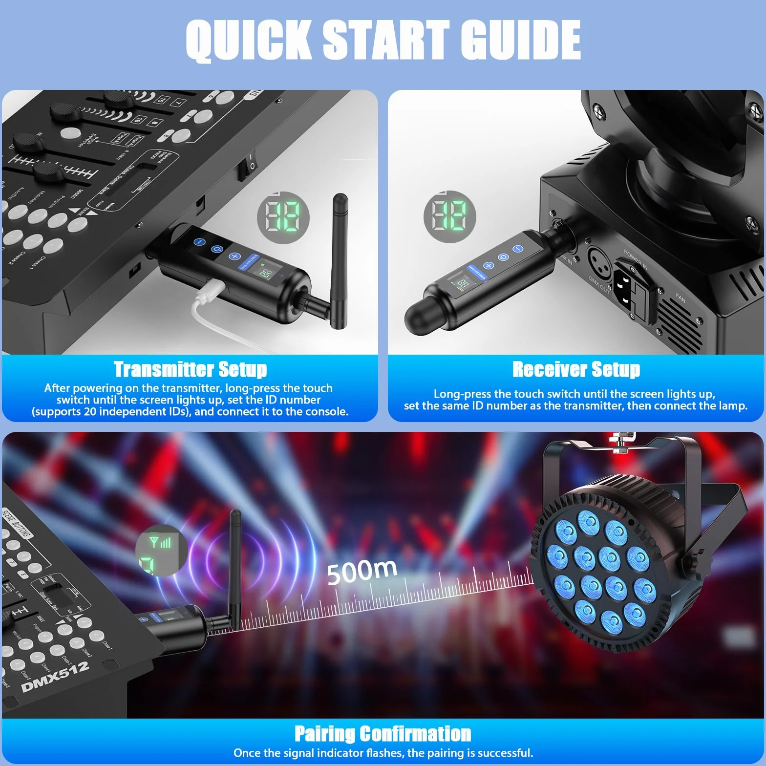 Controlador DMX inalámbrico con caja, DMX512 transmisor inalámbrico /3 receptores, receptor recargable con pantalla táctil, Uso continuo durante 20 horas