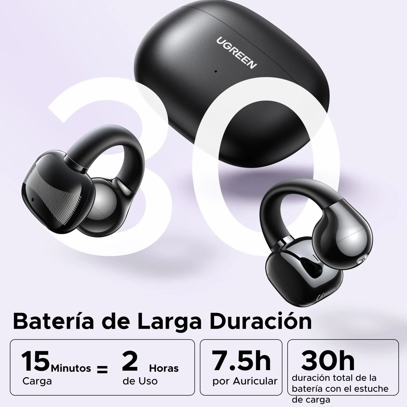 UGREEN HiTune S3 Auriculares Inalámbricos Audifonos Deportivos Auriculares Abiertos con Clip y Cancelación de Ruido ENC 30H de Reproducción Bluetooth 5.4 Carga Rápida USBC HiFi IPX5 Impermeable Negro