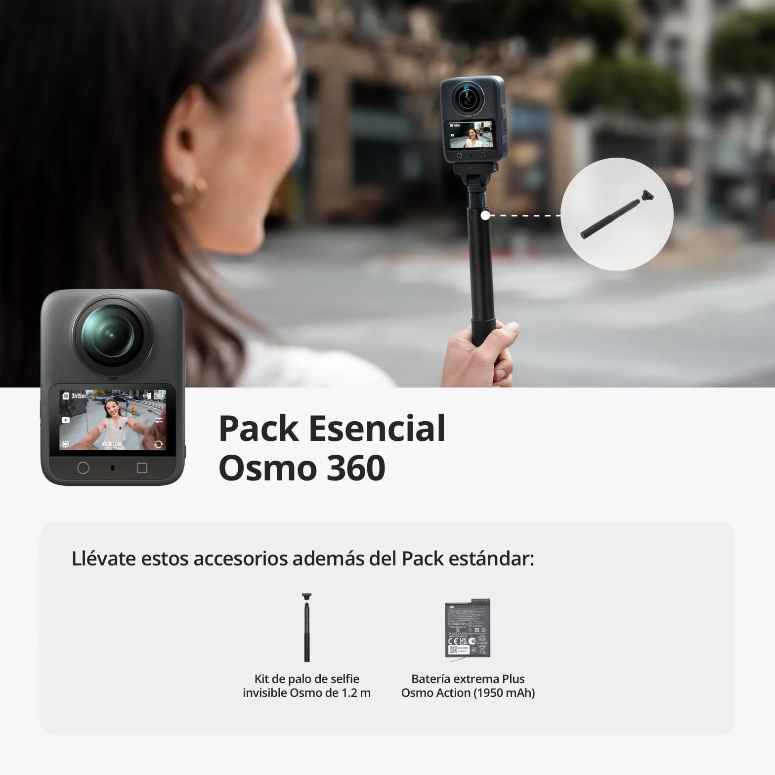 DJI Osmo 360 Cámara 360° 1 Pulgada 8K Nativo 4K/120fps 170° Boost Kit Selfie 1.2m Batería Extendida 2 Baterías