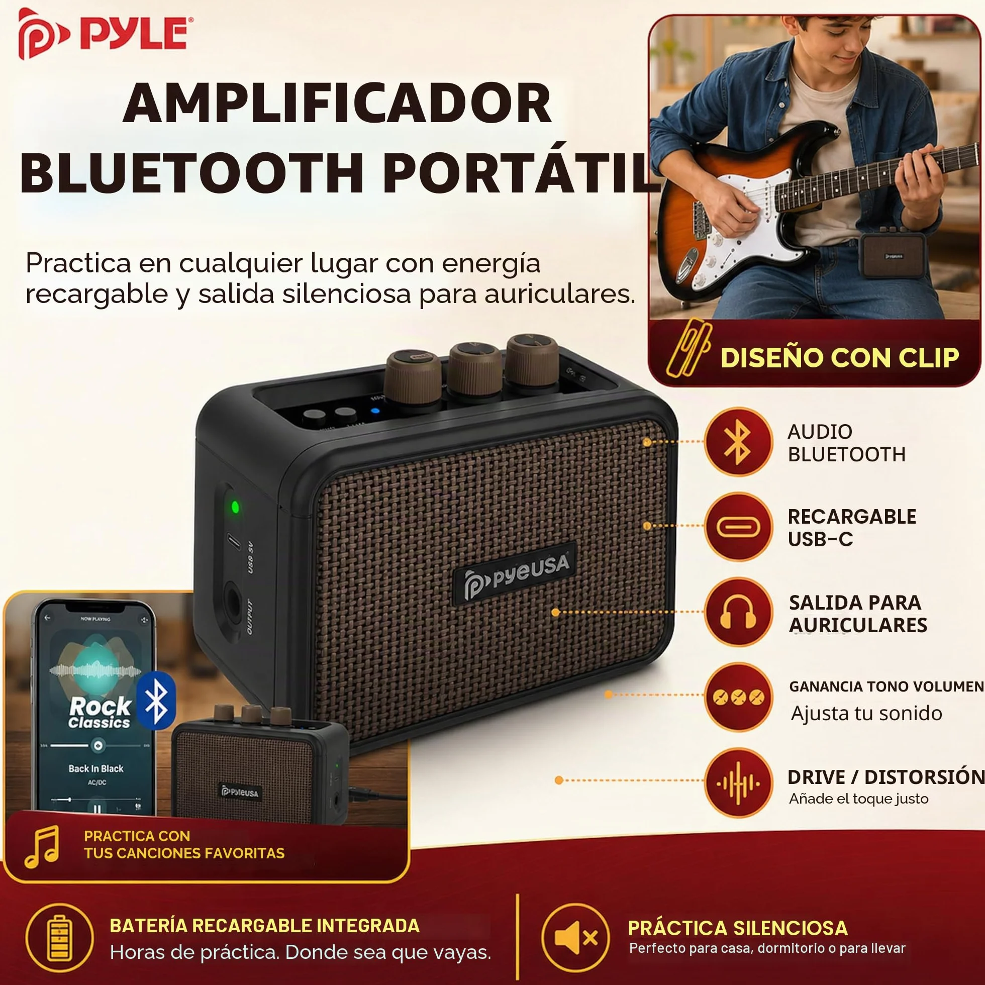 Pyle kit guitarra electrica con amplificador bluetooth portatil, Tamaño completo, Pastillas Humbucker estilo ST, Accesorios incluidos: esctuche, Correa, Cuerdas, Puas, Paño de Limpieza