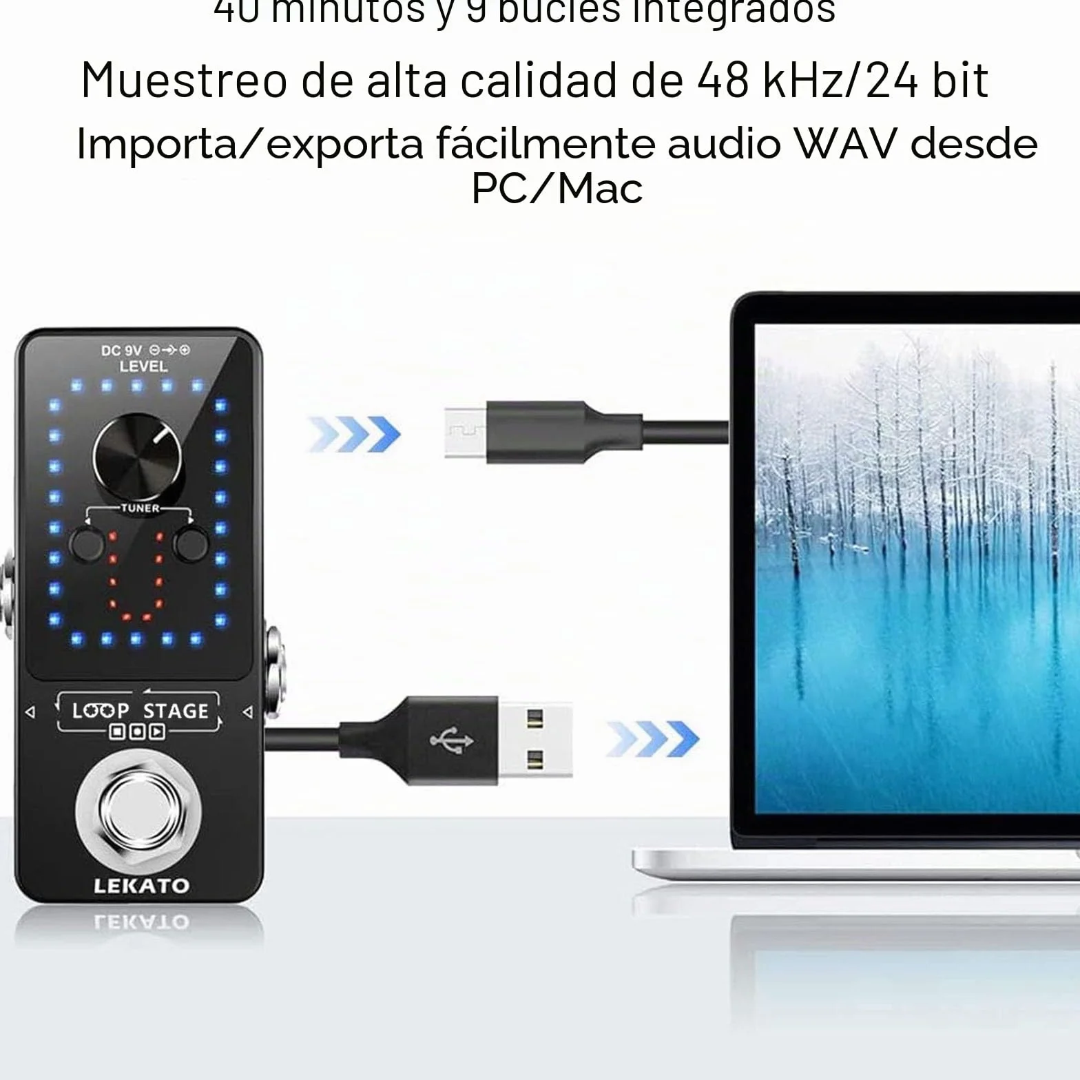 LEKATO Pedal de guitarra eléctrica Pedal de bucle 9 bucles Máximo 40 minutos Tiempo de grabación Estación de bucle de sobregrabación ilimitada con función de afinador para bajo eléctrico (Looper)