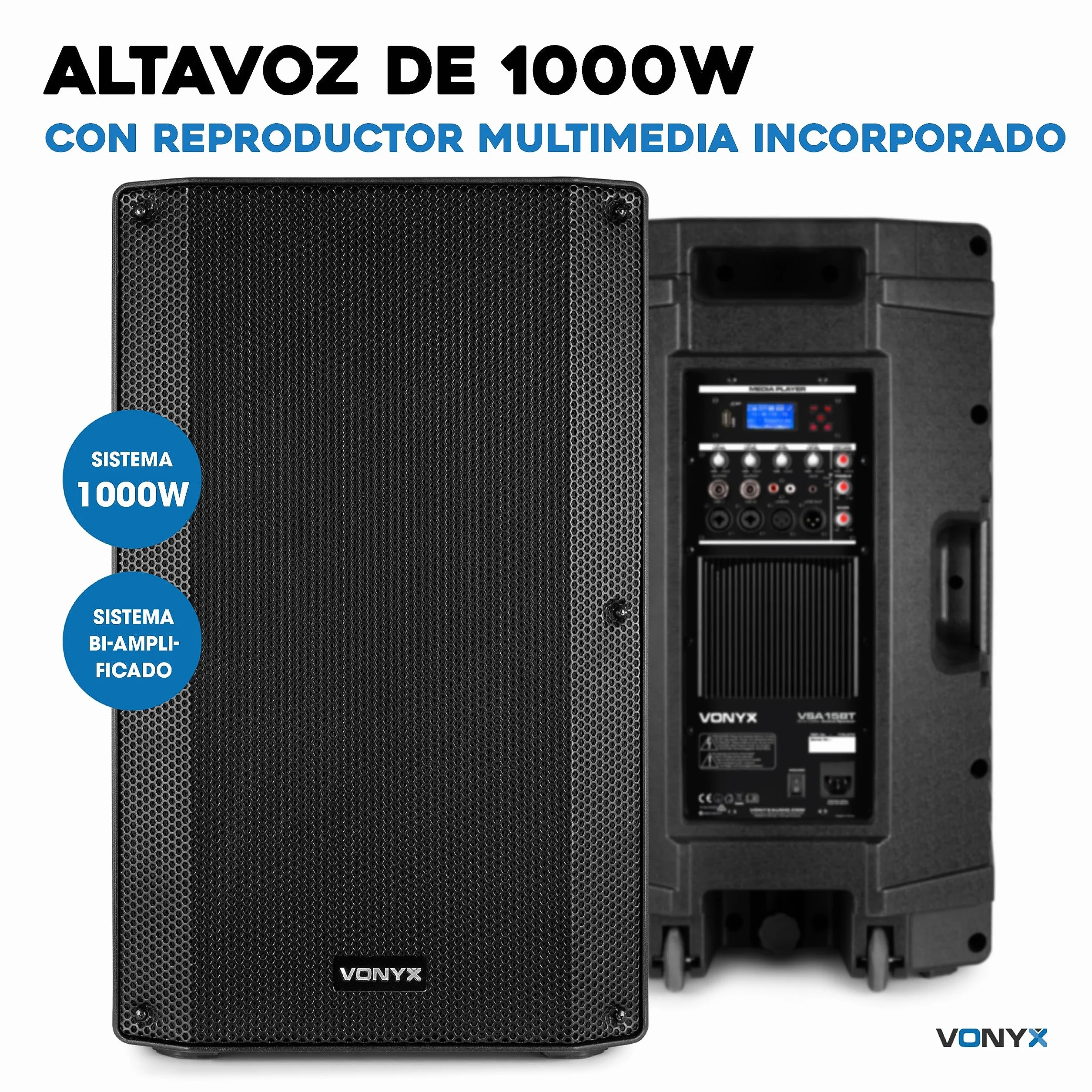 Vonyx VSA15BT Altavoz Activo portátil 1000w autoamplificados. Altavoz 15 Pulgadas Profesional con Bluetooth, Ecualizador, Entrada de Guitarra y Reproductor MP3