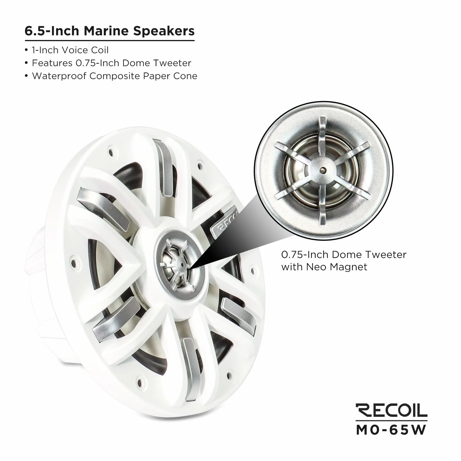 RECOIL Altavoces coaxiales M0-65W M0 Series 6.5 Pulgadas（177mm） para Barcos Marinos y UTV/ATV, un par de Rejillas Blancas, 4 Ohm, par máximo 240 W