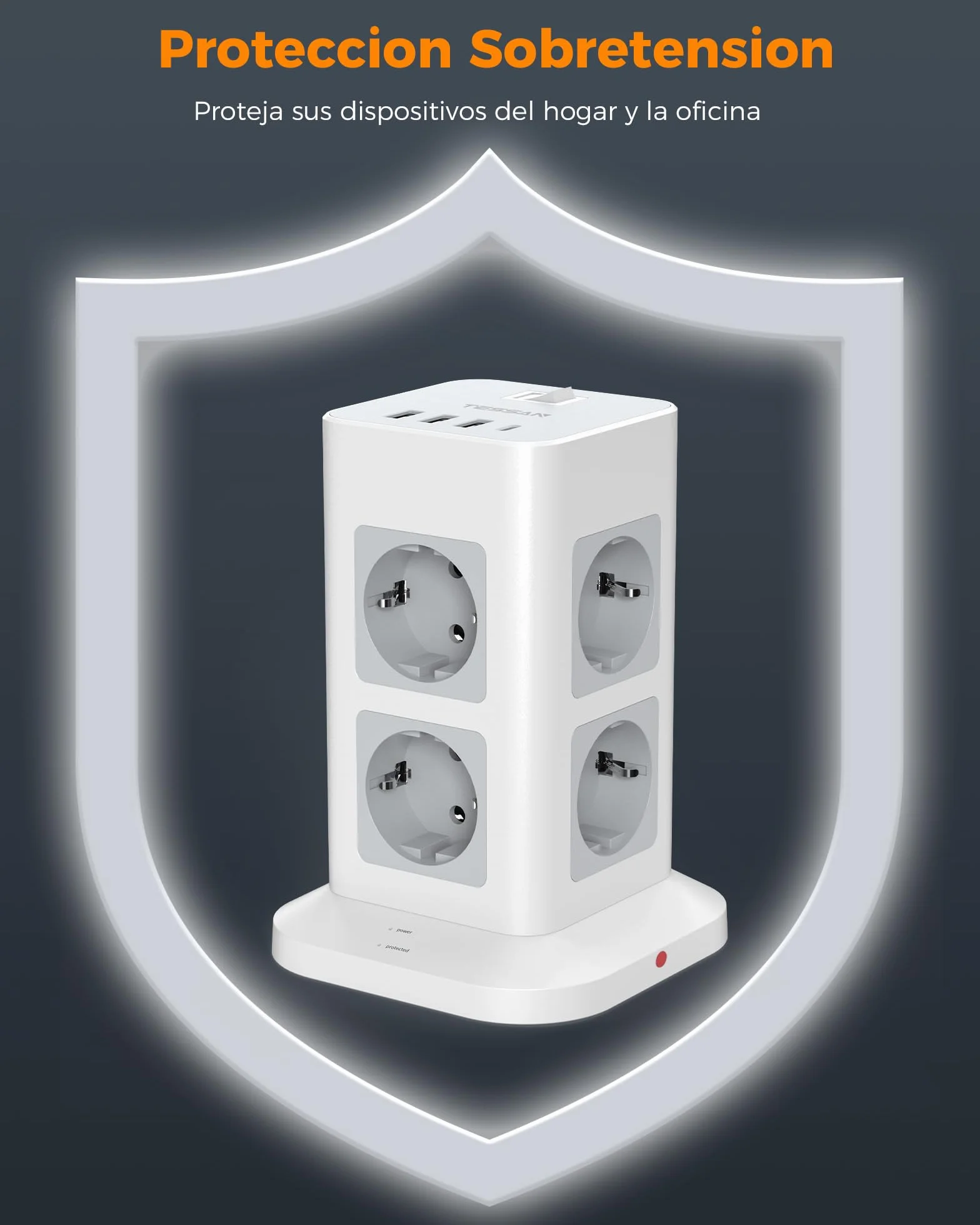 TESSAN Regletas Enchufes Proteccion Sobretension 8 Tomas con 3 USB A y 1 USB C, Torre Enchufes Vertical con Interruptor, 2 Metros Extension Cord, Alargador Enchufe 3600W para Oficina, Casa, Gray