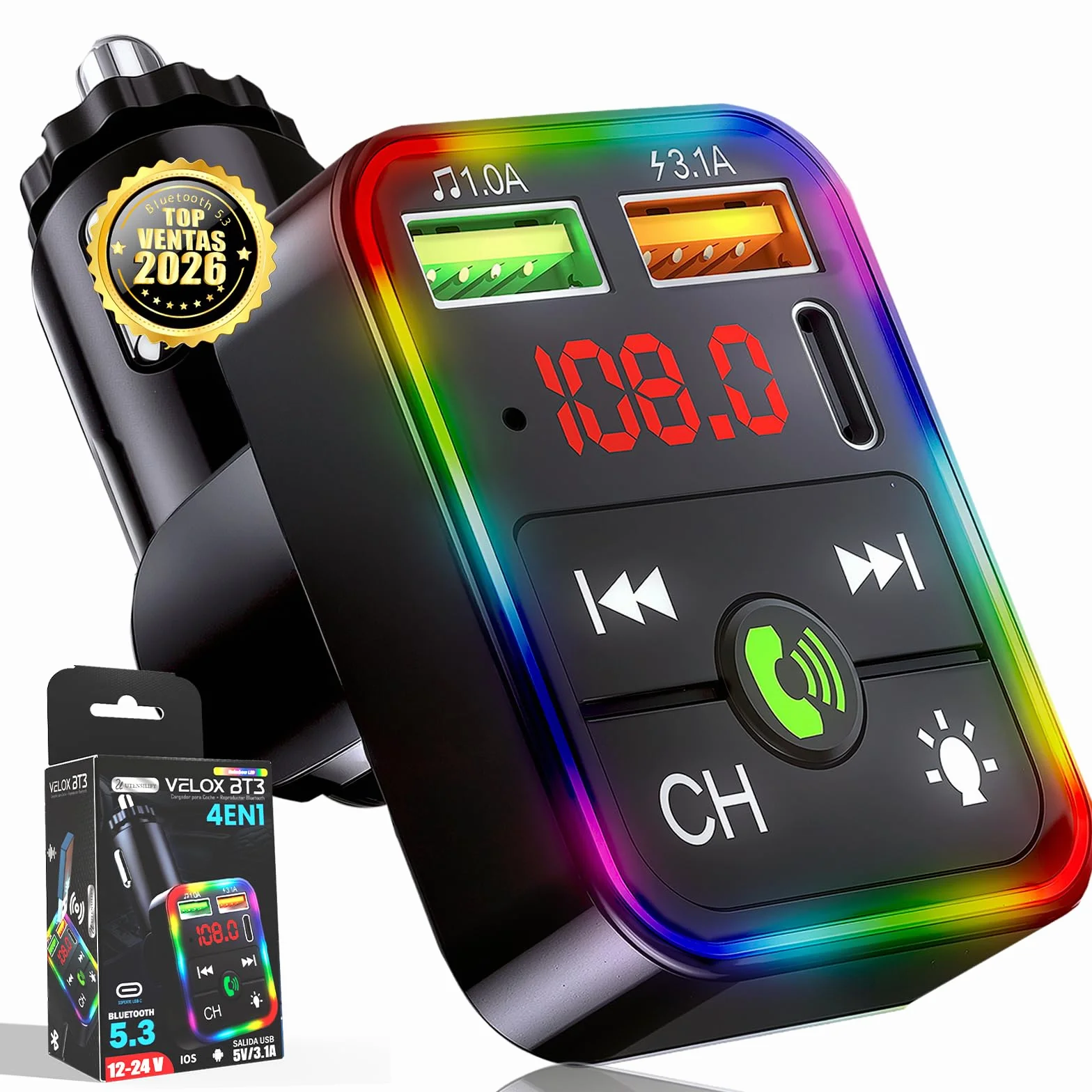 UTENSILIFY® Transmisor FM Bluetooth Coche Premium 5.3 Manos Libres Cargador Rápido