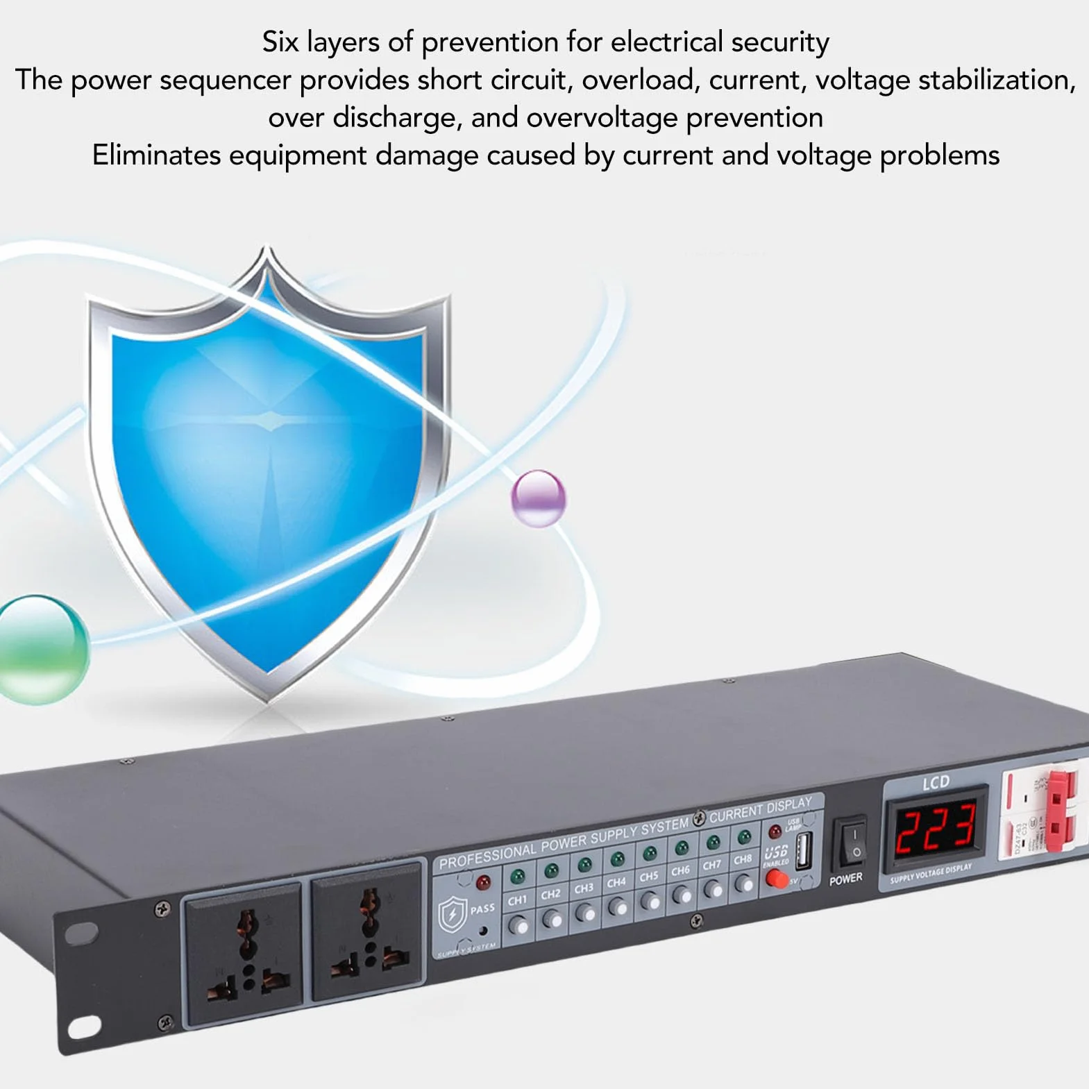 VBESTLIFE Acondicionador de Secuenciador de Potencia de 10 Salidas, Regulador de Fuente de Alimentación Digital con Lectura de Voltaje para Cine en Casa, Escenario, Estudio (Enchufe de la UE)
