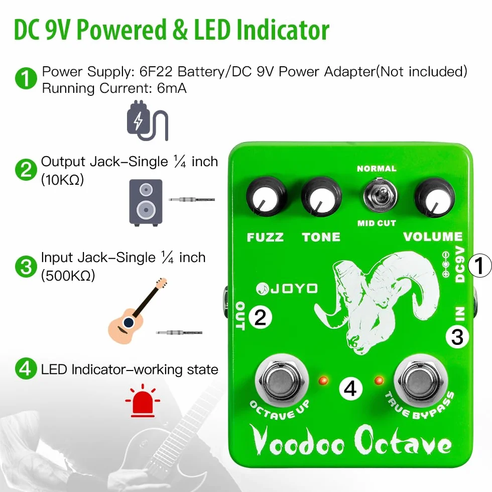 JOYO Octave Fuzz Pedal Germanio Fuzz Efecto Rock de los 60 con "Mid-cut" para Guitarra Eléctrica - True Bypass (Voodoo Fuzz JF-12)