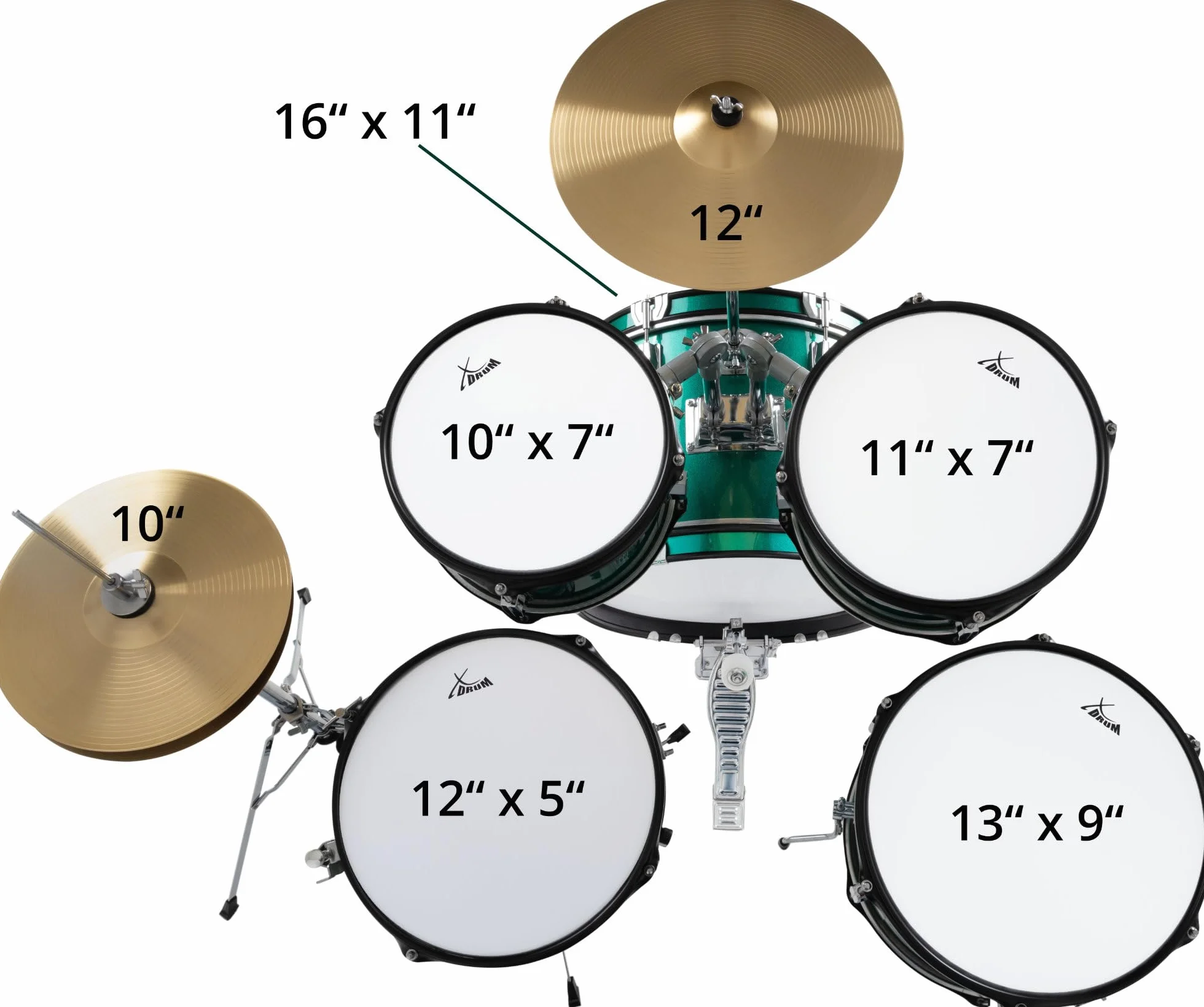 XDrum Junior Pro Batería Infantil Emerald Green Sparkle - adecuada de 5 a 9 años - Set de batería con accesorios completos - incl. escuela - verde