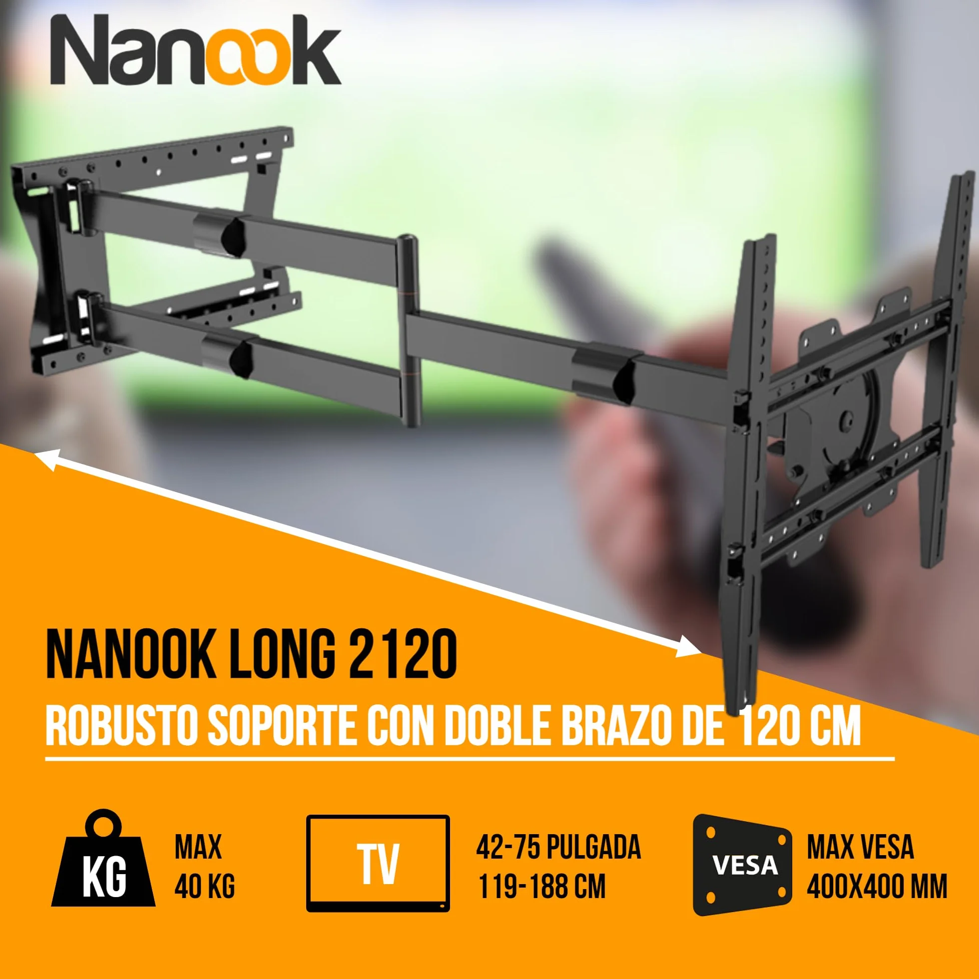 Nanook 2120 Soporte de Pared de Brazo Largo para televisores de 42 a 75 Pulgadas, Extensión Extra Larga de hasta 120 cm, Soporte de TV Que Permite Movimiento Completo, Soporta un Peso de hasta 40 kg