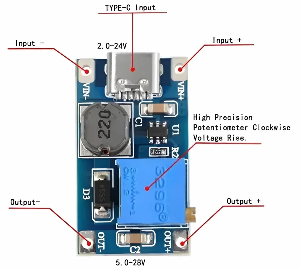 MT3608 (2 unidades) Módulo Elevador DC-DC Boost/Step-Up Ajustable, USB Tipo C. Convertidor de 2V~24V a 5V~28V, 2A