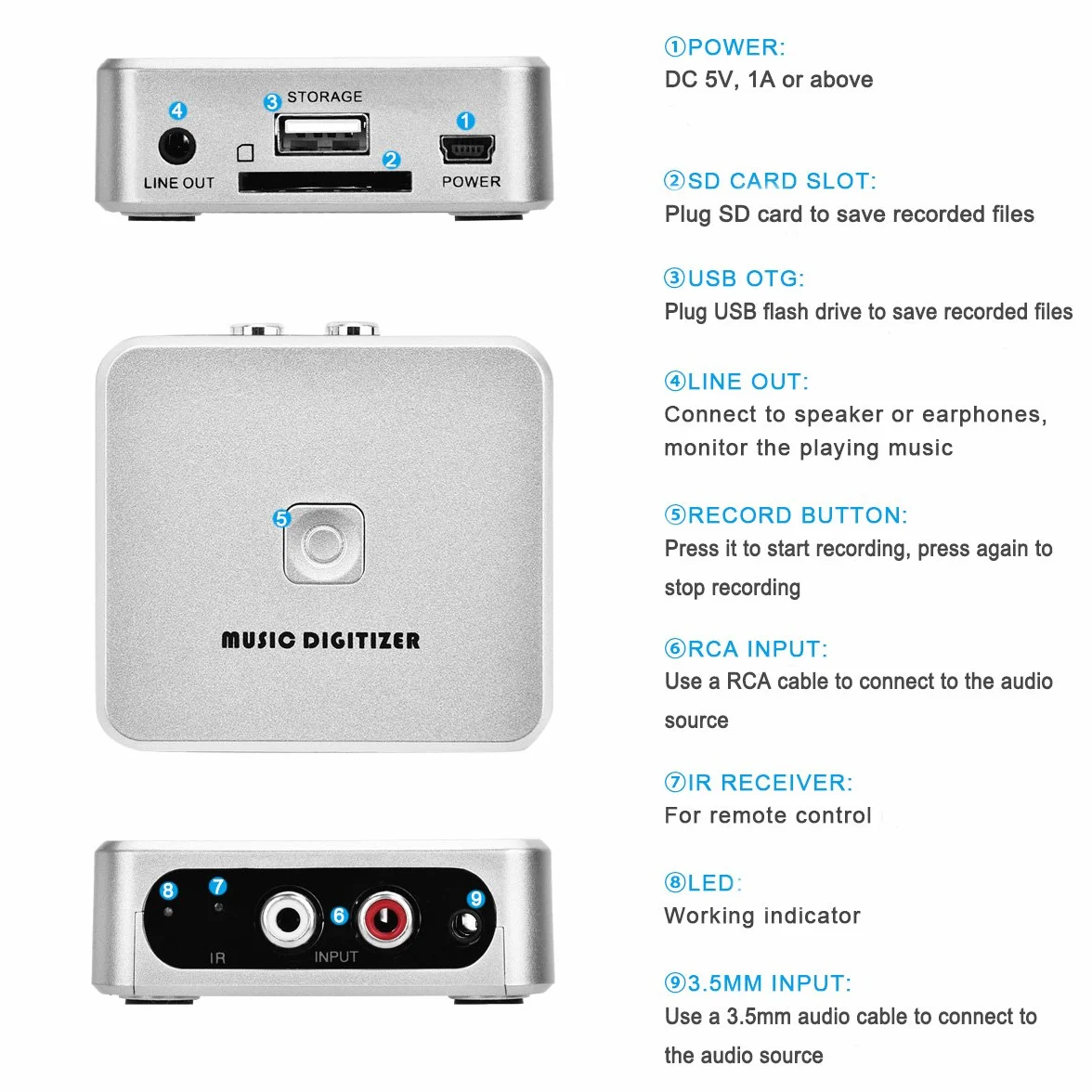 Digitalizador de música con grabadora, puertos de entrada de 3,5 mm y RCA, con mando a distancia, graba en MP3