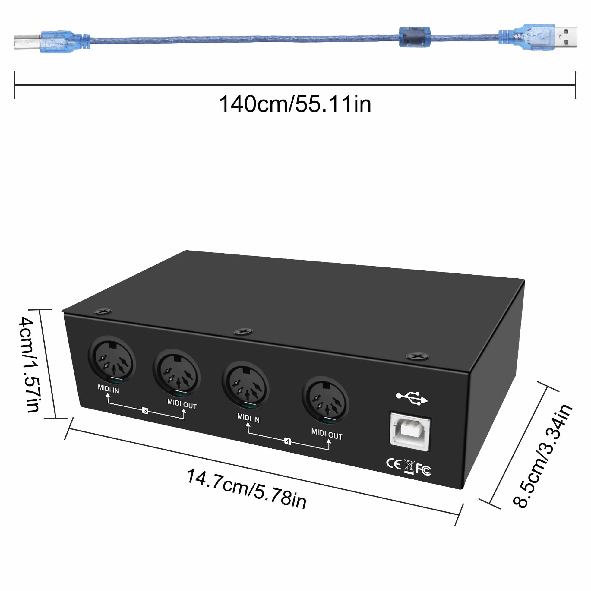 XMSJSIY Caja de interfaz USB MIDI 4 en 4 salidas 64 canales MIDI Thru Box 4 x 4 convertidor con enrutador Merge Splitter Thru Hub con indicadores LED para PC, Mac e instrumentos USB MIDI