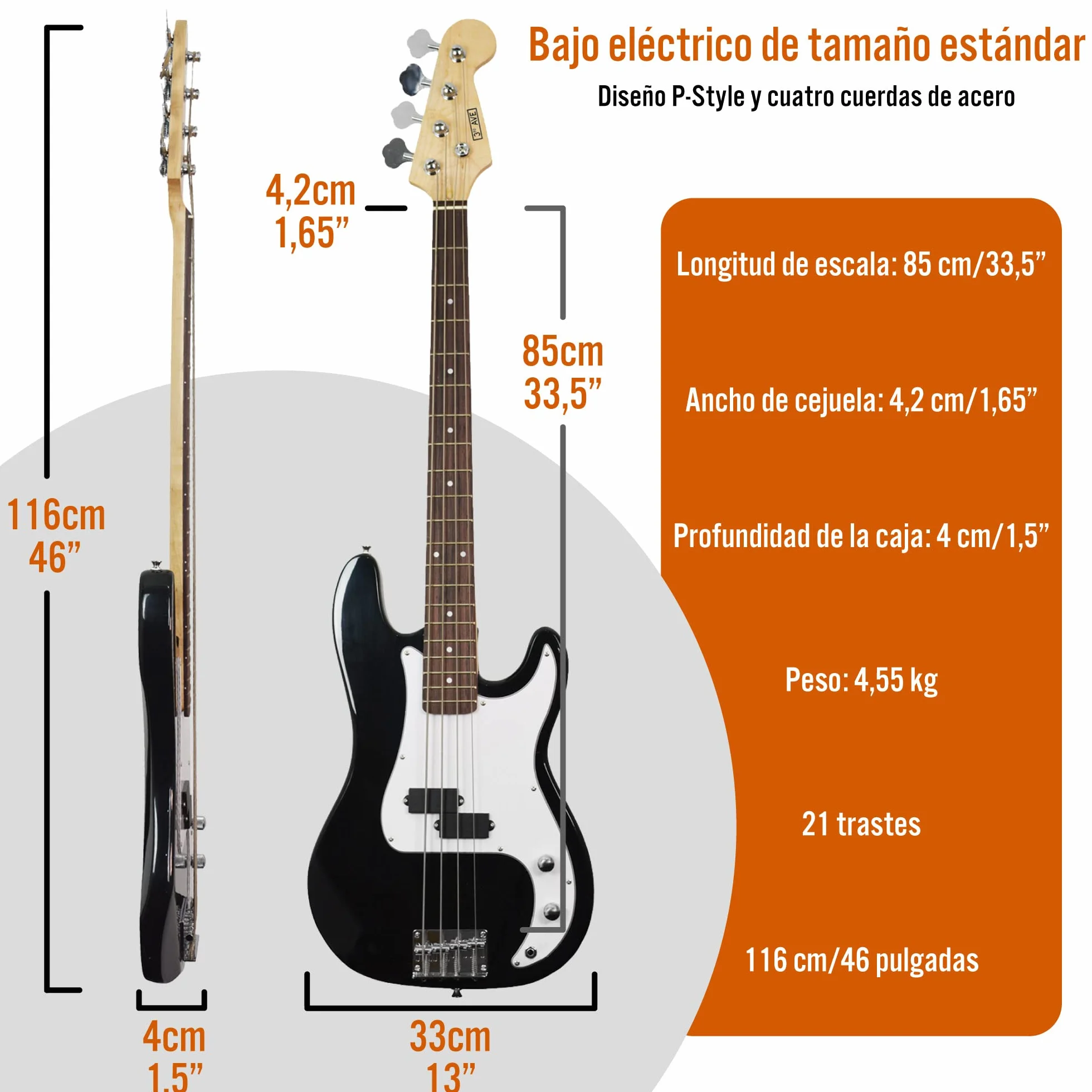 3rd Avenue Paquete de bajo eléctrico de tamaño completo en negro con amplificador de guitarra, bolsa, soporte y accesorios, negro con blanco