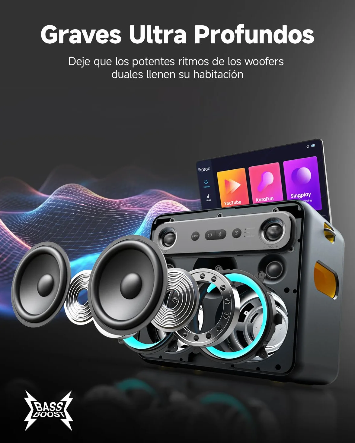 Karaoke Profesional para Adultos con 2 Micrófonos Inalámbricos, Sistema Karaoke para TV con Preamplificador de Micrófono, Bluetooth Portátil para Fiesta（Break X2）