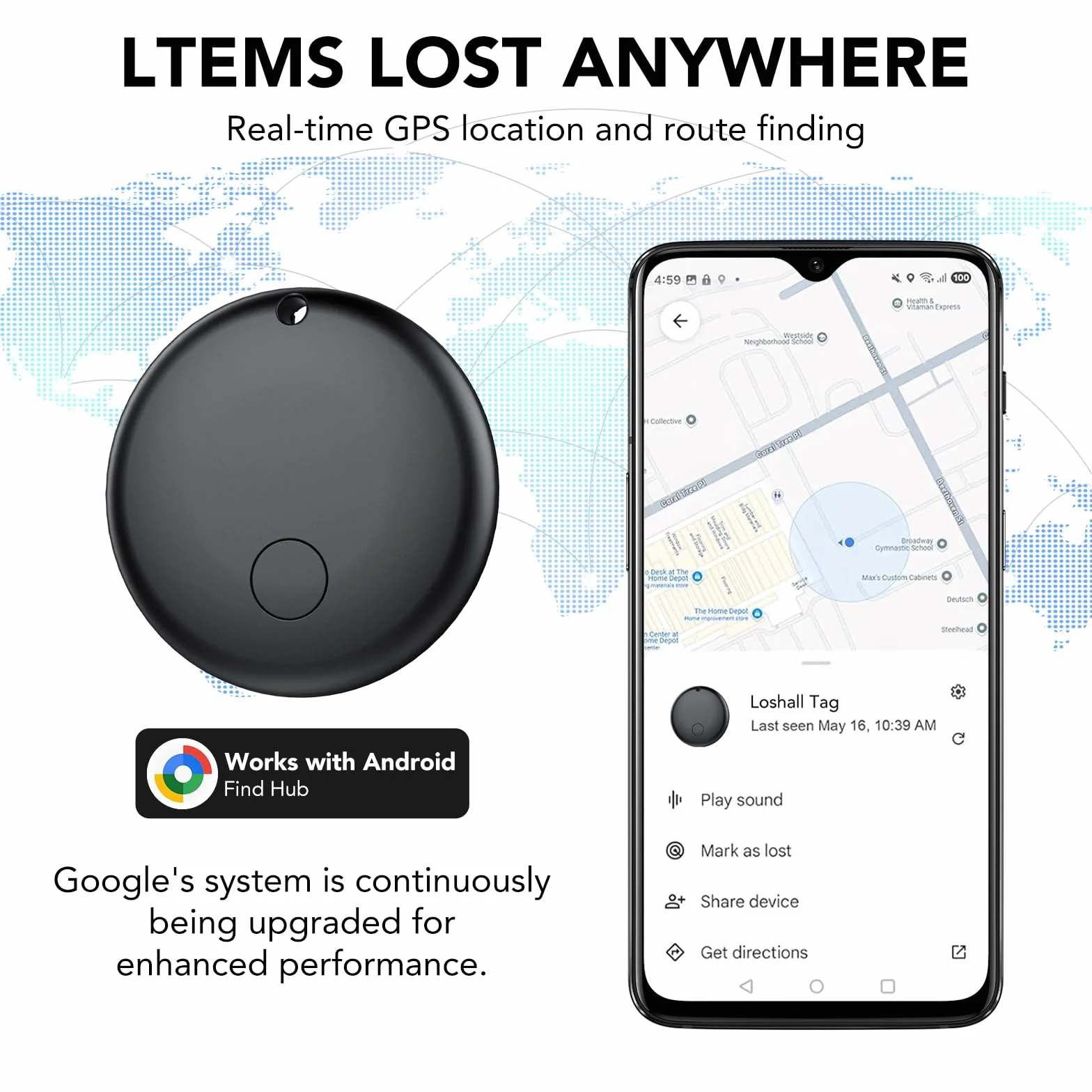 Android Smart Tag, Tracker Compatible con Google Find Hub App (Sólo Android), Localizador Bluetooth, Rastreador para Llaves, Cartera, Equipaje, Impermeable IP68, 4 Negro