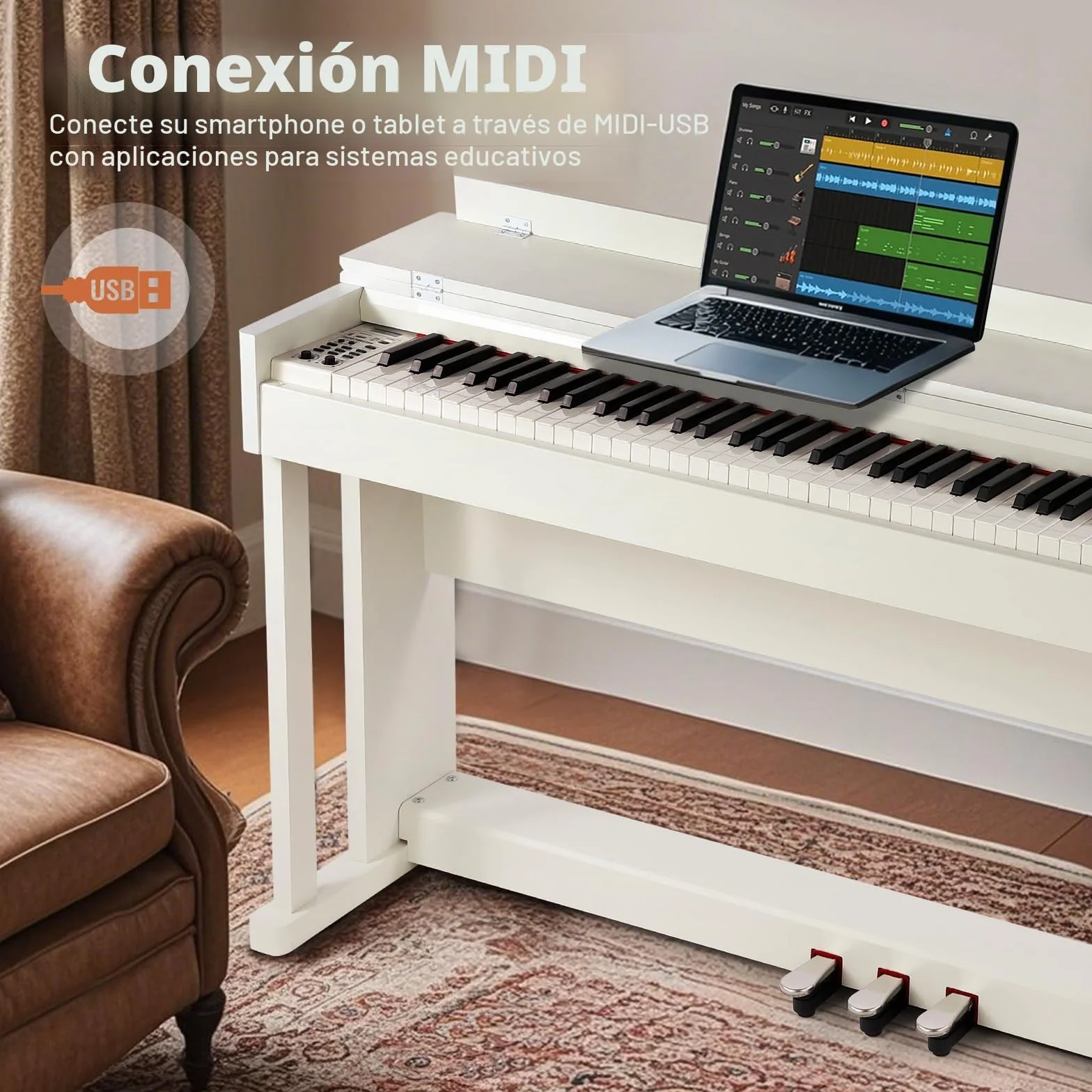 MUSTAR Piano electrónico de 88 teclas con mecanismo de martillos, piano digital, piano electrónico con 3 pedales, sistema de control doble, USB/MIDI, clásico profesional (Blanco)