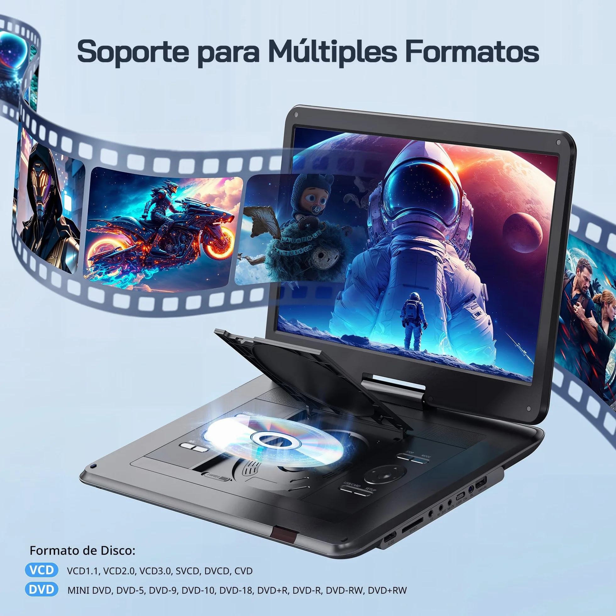 WOLFANG 17,5" Reproductor de DVD Portátil con 15,6" Pantalla HD, 5000mAh Batería, Sin Restricción de Región, Altavoces Estéreo Duales, Compatible con USB/SD/Sincronización de TV/Pantalla de Proyector