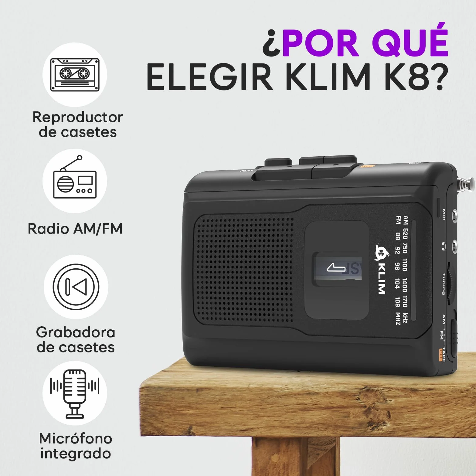 KLIM K8 Reproductor Cassette con Auriculares F1 - Cassette Player AM/FM Radio Negro