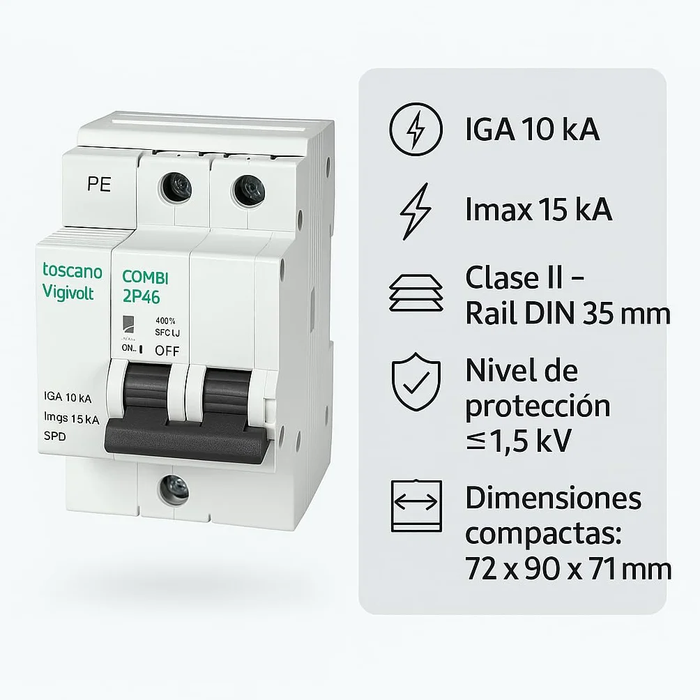 Rasmacor | Tóscano Protector Sobretensiones Transitorias y Permanentes 2P 32A COMBI-2P32T15 Toscano | No instalar en líneas sin neutro 240V | IGA 10kA | Imax 15kA | Montaje en Rail DIN
