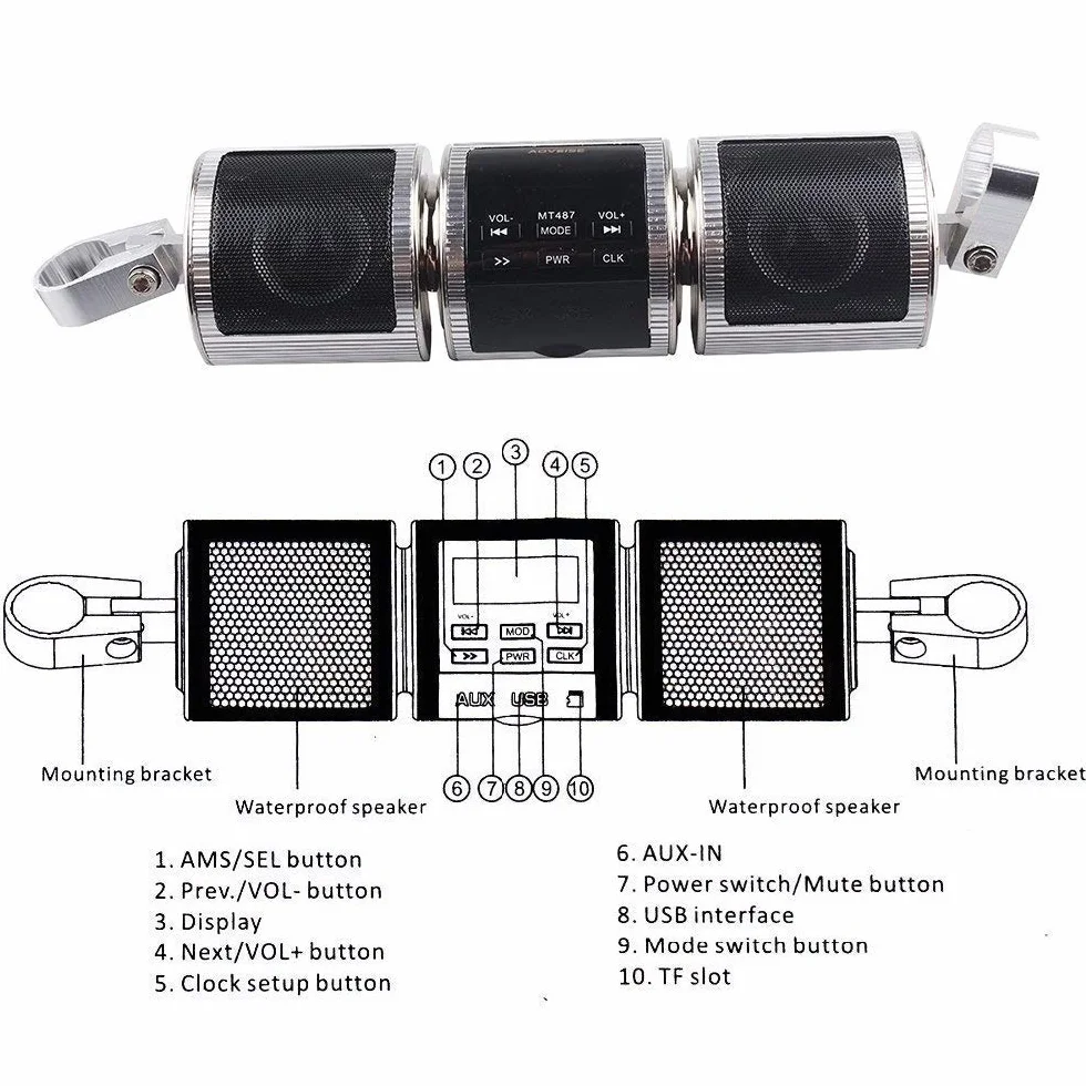 Radio FM Bluetooth para motocicleta, impermeable, 12 V, HIFI con sistema de sonido estéreo para ATV, Jet Ski, radio, alarma remota, reproductor de MP3, color negro